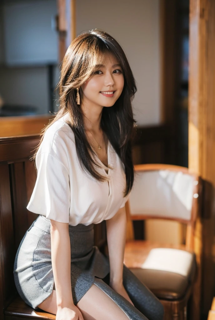 Half-length glamour portrait, nikon D850, f1.6 lens, 200mm, DSLR, 22 Megapixels, (((Inside villa scene))), shot of a stunning 19 years old korean girl, (smile:1.4), (wearing Bright red High-neck blouse with Celadon straight-leg trousers:1.6), ((seductive pose)), hot girl, (((big natural breasts))), (((black fringe hair))), (small girl), symmetrical face, photorealistic, photography, (bright natural lighting), gorgeous, deep cleavage, (masterpiece), best quality, high resolution, extremely detailed, cinematic lighting, (((very narrow waist))), rich colors, hyper realistic, lifelike texture, ((jewelry)), (((She has beautiful hands and wears rings))), (bracelet), (necklace), (ankle chain), (nail polish) (earrings), Fuji Superia 200, 8k
