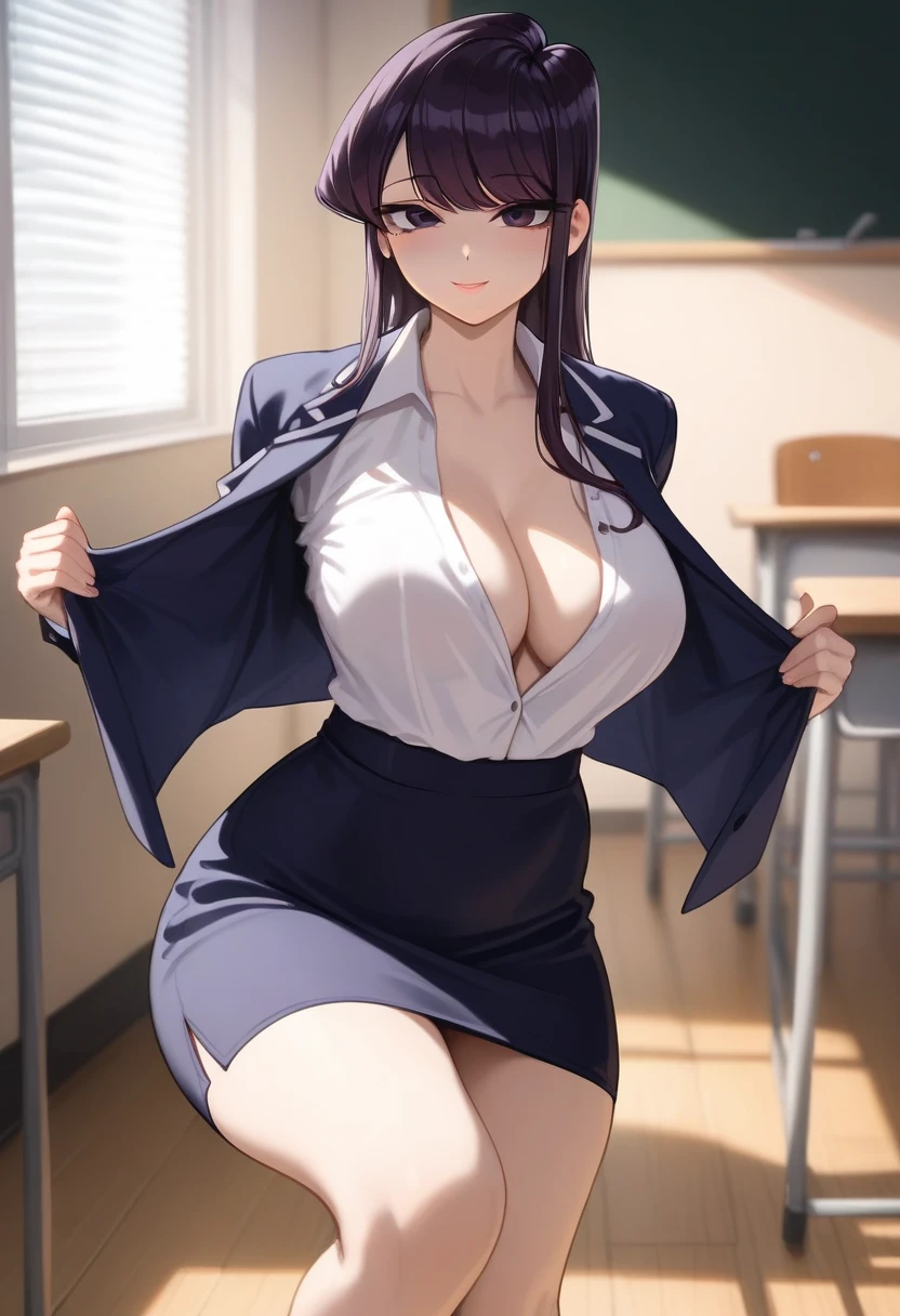 (mature woman), blushed, very horny, light skin, dress shirt, blazer, long skirt, (neckline), Komi de Komi-san, (Pencil skirt that goes up to the knee), beautiful face, ((naughty face)), Sensual, pose sexy, highest quality, standing pose, (Bottom: Inside a classroom)