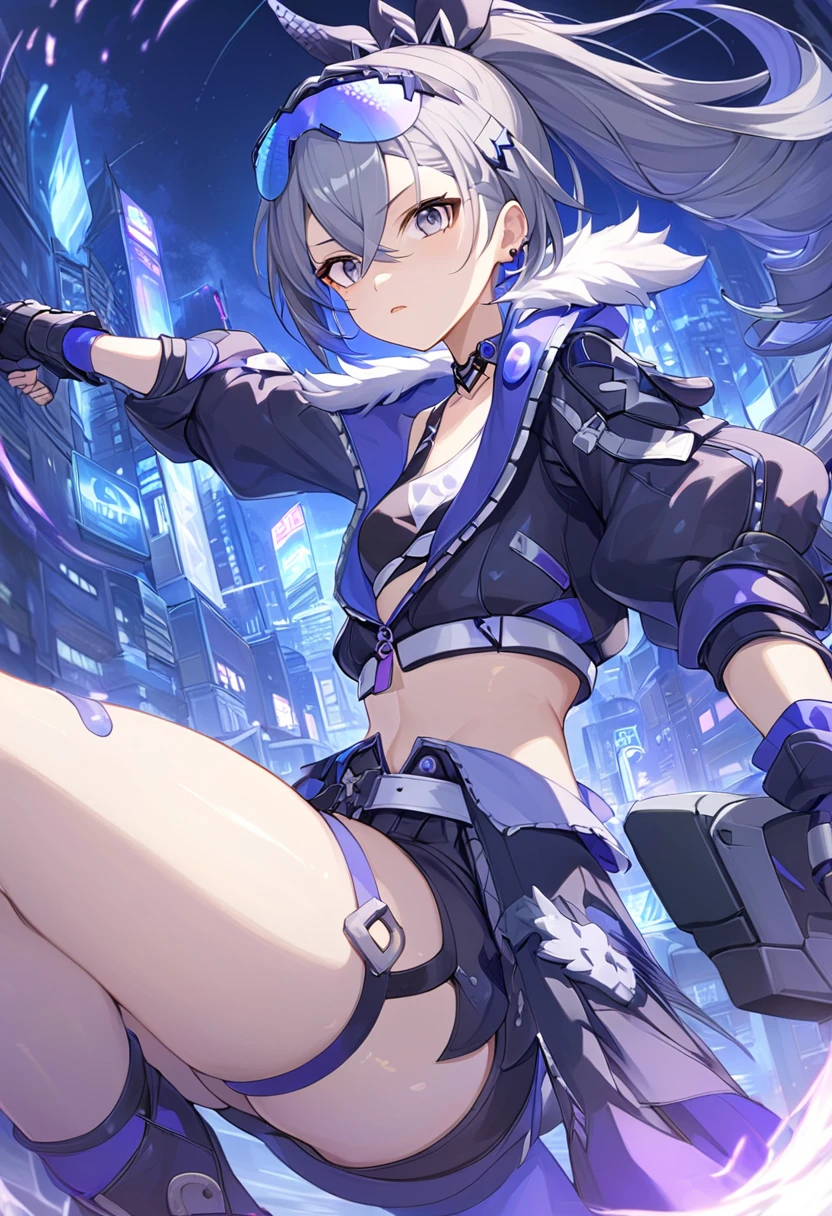 (masterpiece, best quality:1.2),1girl, SilverWolf, Honkai Star Rail, silver hair, ponytail, gray eyes, goggle, high quality, detailed shiny skin, detailed beautiful hair, detailed beautiful eyes, detailed clothes, (high resolusion:1.2), 4K, official art, high quality, small breasts, perspective, fighting,battle,light_trail,dynamic angle,fisheye lens,night,cyberpunk,city,city_lights,scenery