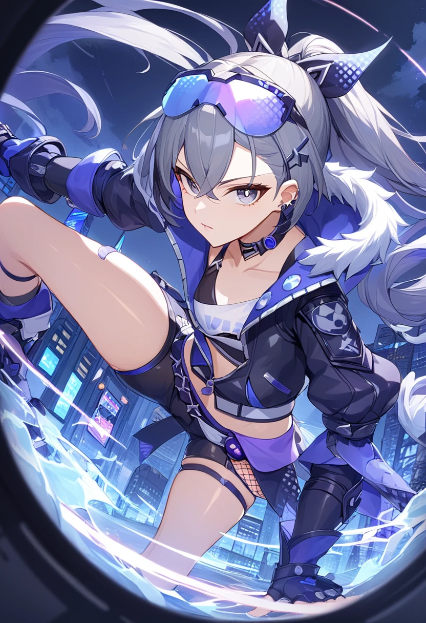 (masterpiece, best quality:1.2),1girl, SilverWolf, Honkai Star Rail, silver hair, ponytail, gray eyes, goggle, high quality, detailed shiny skin, detailed beautiful hair, detailed beautiful eyes, detailed clothes, (high resolusion:1.2), 4K, official art, high quality, small breasts, perspective, fighting,battle,light_trail,dynamic angle,fisheye lens,night,cyberpunk,city,city_lights,scenery