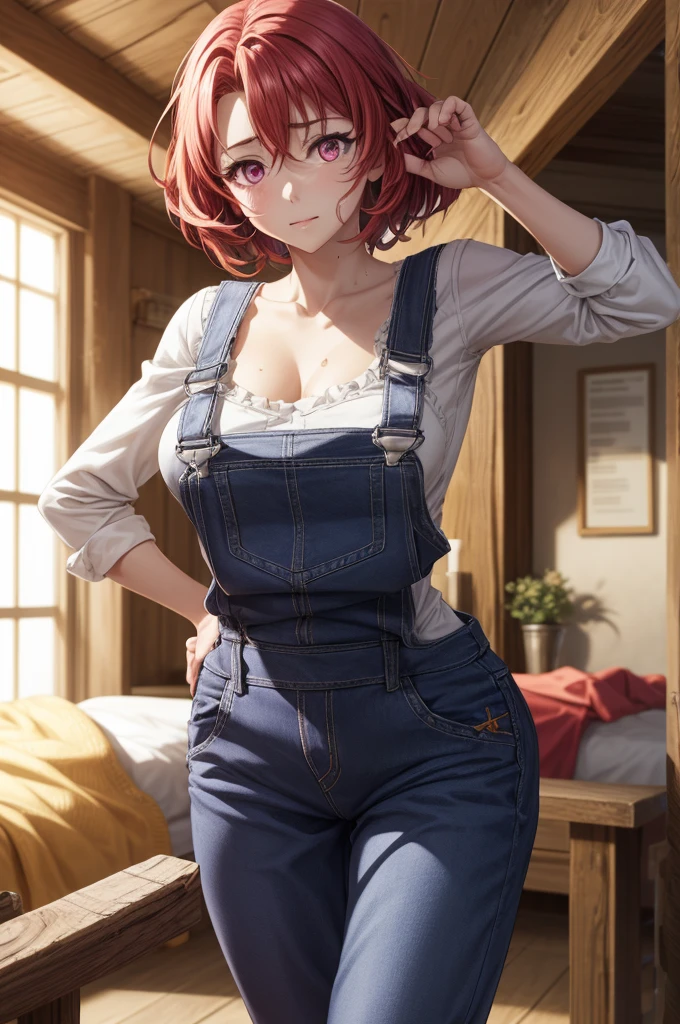 masterpiece,best quality,high resolution,8k,Ultra HD,wallpaper,illustration,perfect face,cowboy shot,beautiful detailed eyes,extremely detailed face,perfect lighting,extremely detailed CG,super-detailed CG,perfect hands,perfect anatomy,perfect body,perfect hands,perfect fingers,1woman,full body,,(muscle fighter body:1), red hair,pink eyes,large breasts,medium ass,medium nipples,(blue overalls) ,,clothed,,collarbone,,,,(sexy pose),Steam,sweat,rich home on the bed,(Goblin Slayer character Cow Girl),