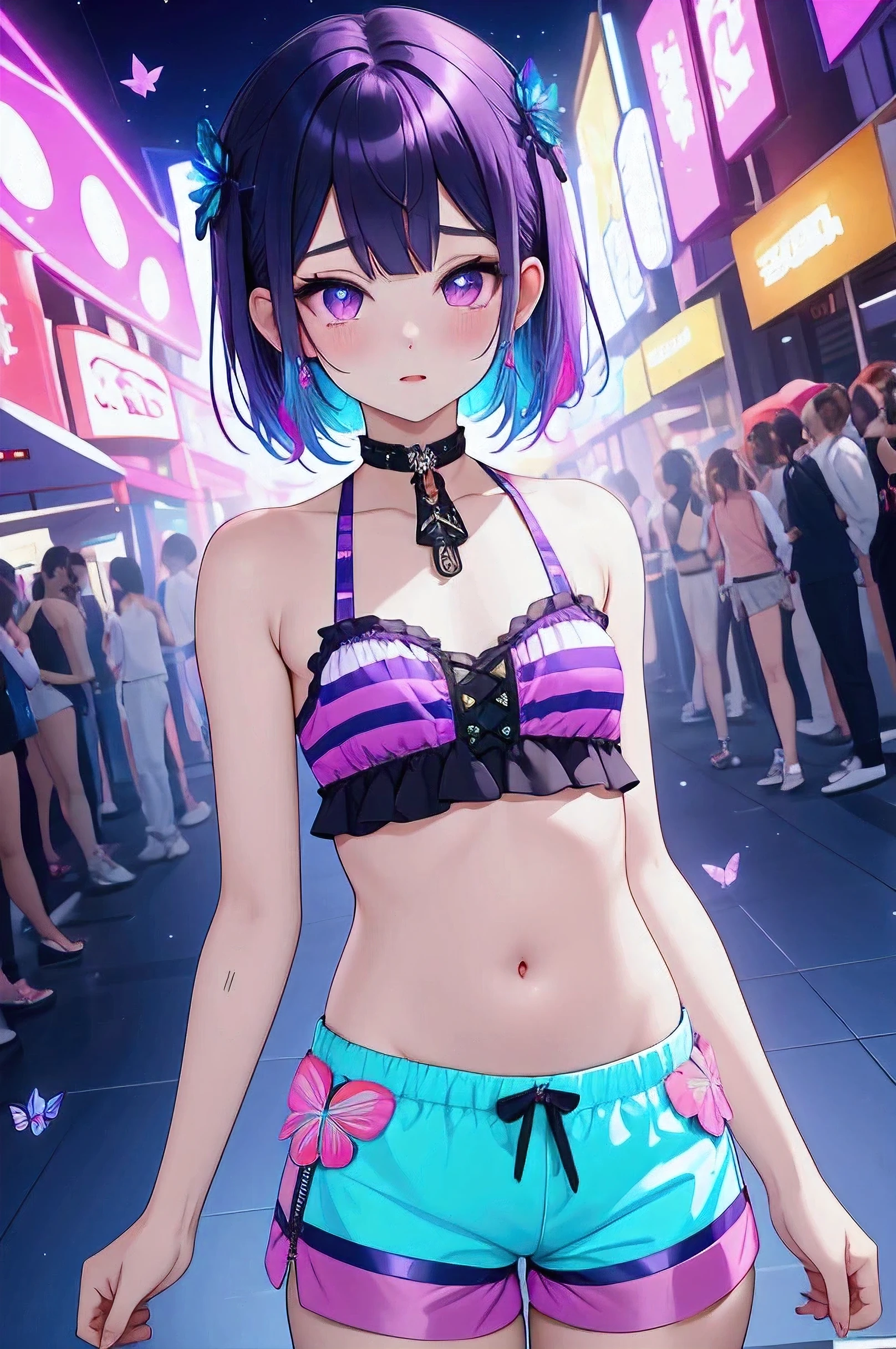 A blurry background with purple, teal, blue and pink vertical neon lights creates a bright atmosphere. A Lolita girl with black hair decorated with butterflies stood alone. She wore a striped tank top and fairy-print shorts, showing off her flat stomach and small chest. His black eyes stare at the viewer with his lips slightly parted. Her short hair adds a simple yet alluring vibe, with a natural 4K erotic intensity, Extrim Clos-up upscale.