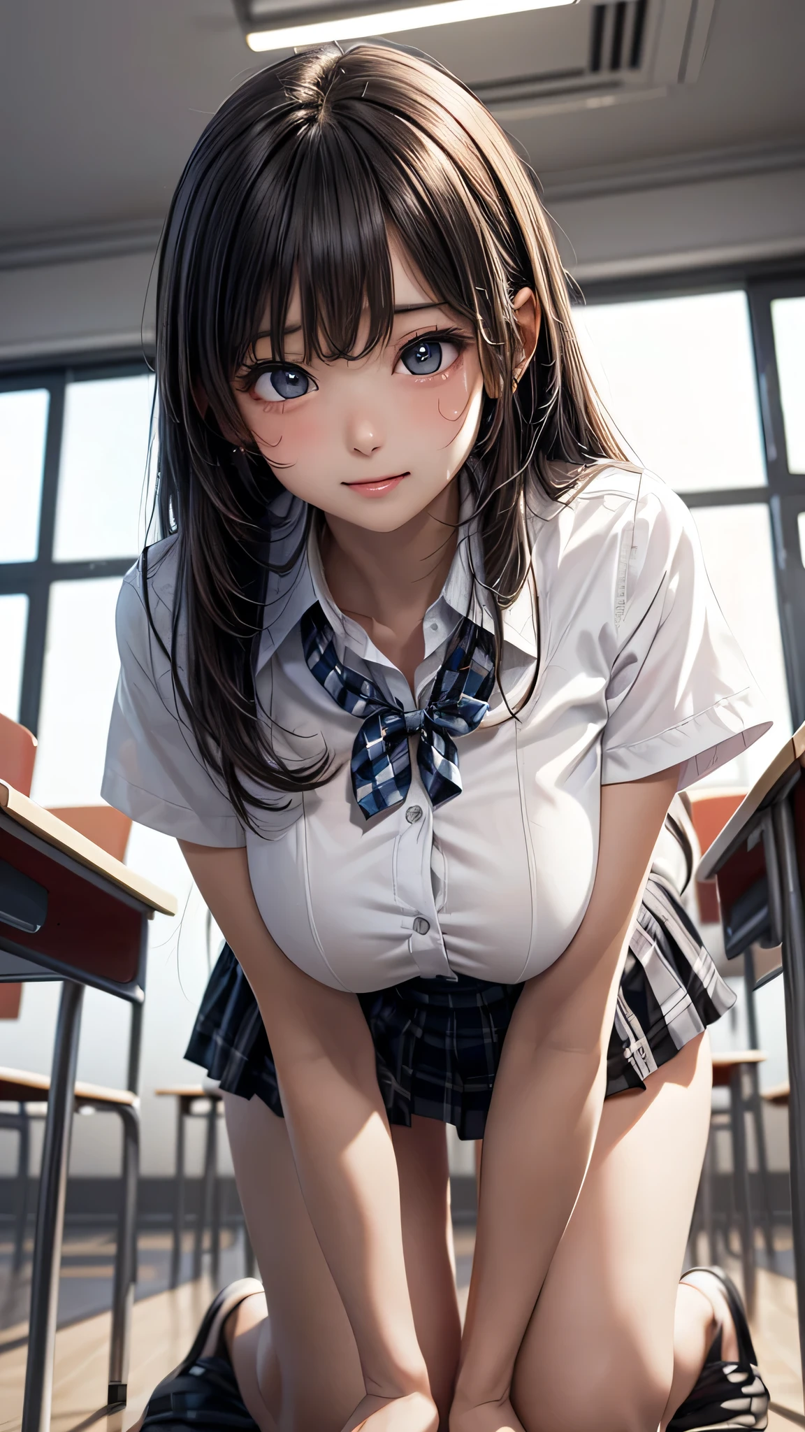 (classroom), (Standing), (girl), (Huge breasts:1.3), (tie), (White short sleeve collared shirt:1.3), (Checkered Pleated Skirt:1.1), (Beautiful black eyes down to the last detail), (Attractive thighs:1.3), (Full Body Shot:1.4), Big Eyes, (Beautiful Face), Perfect Face, (High nose), (Red cheeks:1.4), (Laugh a little), (Embarrassed face:1.2), Best Quality, High resolution, (Beautiful Mature), (masterpiece), (Very nice and beautiful), (Perfect detail), (Unity CG 8K Wallpaper), (((from below))), (side shot),