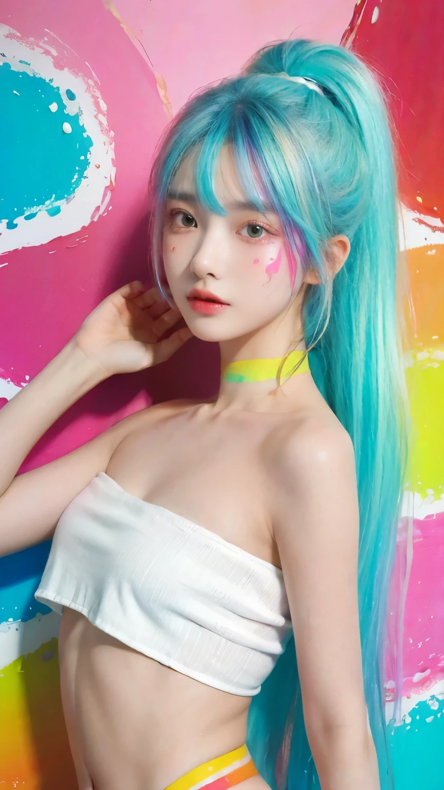 (Pink fashion T-shirt:1.9),(Colorful hair:1.8),(Rainbow all colors:1.8),((((Vertical painting:1.6))),(painting of a:1.6),frontage,comic strip,illustration,painting of a,largeeyes,crystal-clear,(rainbow color gradient high ponytail:1.7),Delicatemakeup,Keep one's mouth shut,(Small Fresh:1.5),(Bandeau:1.6),long eyelasher,White shoulder T- shirt, White Shoulder Shirt,looking at viewert,watery big eyes,(rainbow colour hair:1.6), color splash, (solo:1.8), color splash, color explosion, colour splash, color explosion, Thick lacquer style,Messy lines,((shining)) ,(colorful), (colorful), (colorful), colorful, Thick Paint Style, (Splash) (Color Splash), Vertical Painting, Upper Body, Paint Splash, Acrylic Pigment, Gradient, Paint, Highest Image Quality, Highest image quality, Masterpiece, Solo, Depth of Field, Face Paint, colorful clothes, (ellegance: 1.2), opulent, long whitr hair, ventania, (ellegance: 1.3), (petals: 1.4),(((masterpiece))),(((Best quality at best))),((ultra - detailed)),(illustratio),(dynamic angle),((floatking)),(Paintwork),((Loose hair)),(solo),(1girl) , (( (Detailed anima face))),((Beautiful detailed face)),collars,exposed bare shoulders,whaite hair,((The color hair)),((Striped hair)),Beautiful detailed eyes,No cleavage,(Gradient color eyes),(( (Colored eyes))),(((coloured background))),(((high saturated))),(((Surrounded by colorful splashes))),
