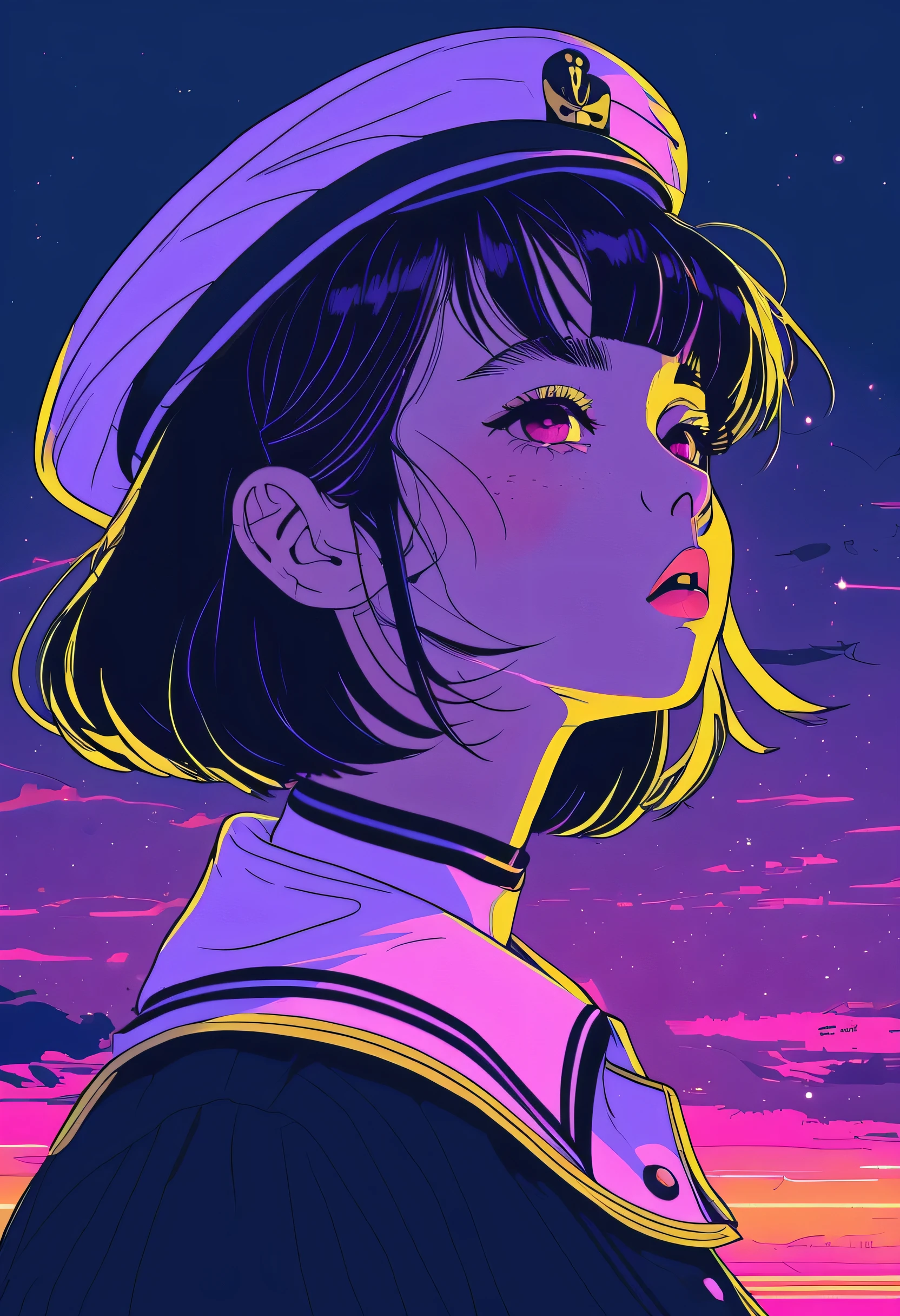 masterpiece,High resolution,Retro_yellow neon , One Girl、 sailor uniform、Alone, Portrait, Thick lips,Thick eyebrows、beautiful girl、look up,