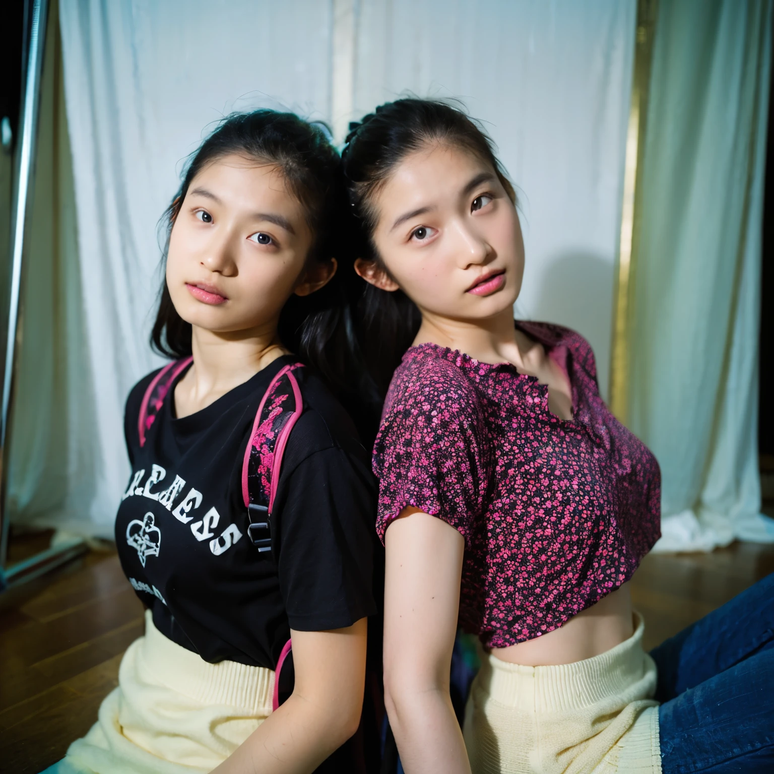 twogirls se beijando, twogirls, baby face, small,  outfit, In school, photo realist, reality, detailded, perfect, good lighting, realistic lighting, ambient lights, pantyhose, skirt short,