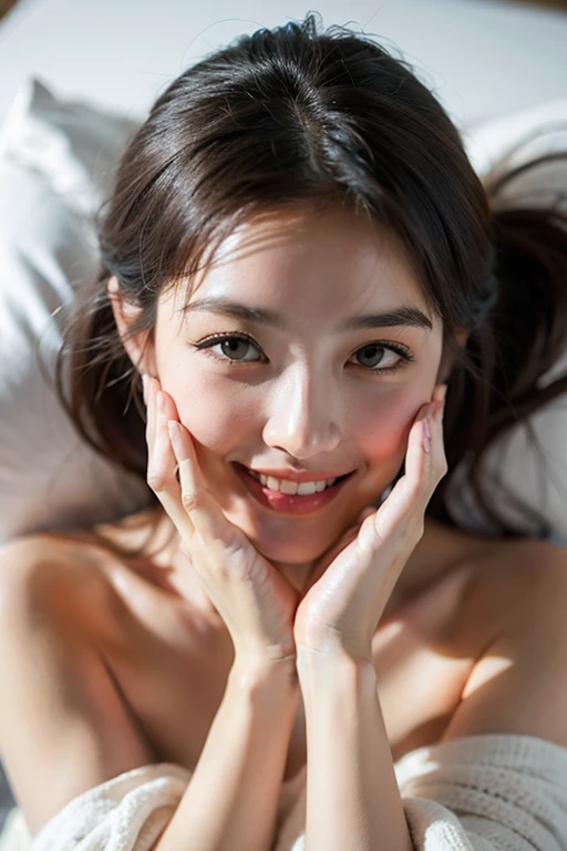 Female in her 30s、Face without makeup, silky white skin, Bun hair, on the beds, a smile, cleavage of the breast、