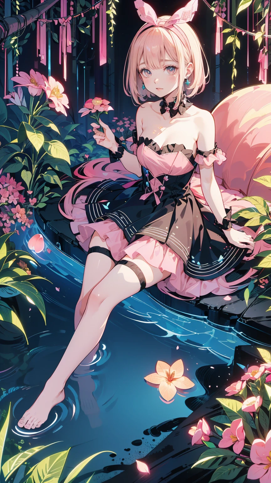 (pink strapless dress :1.5), 銀色の長いhair, black _ Hairbands, X-Shape _ eyebrow, Hairbands, poe _ hair, 前hair, bare shoulders, Full Body Shot, black stockings, (Peach Blossom Forest:1.3)，Creek，barefoot，Soak your feet，