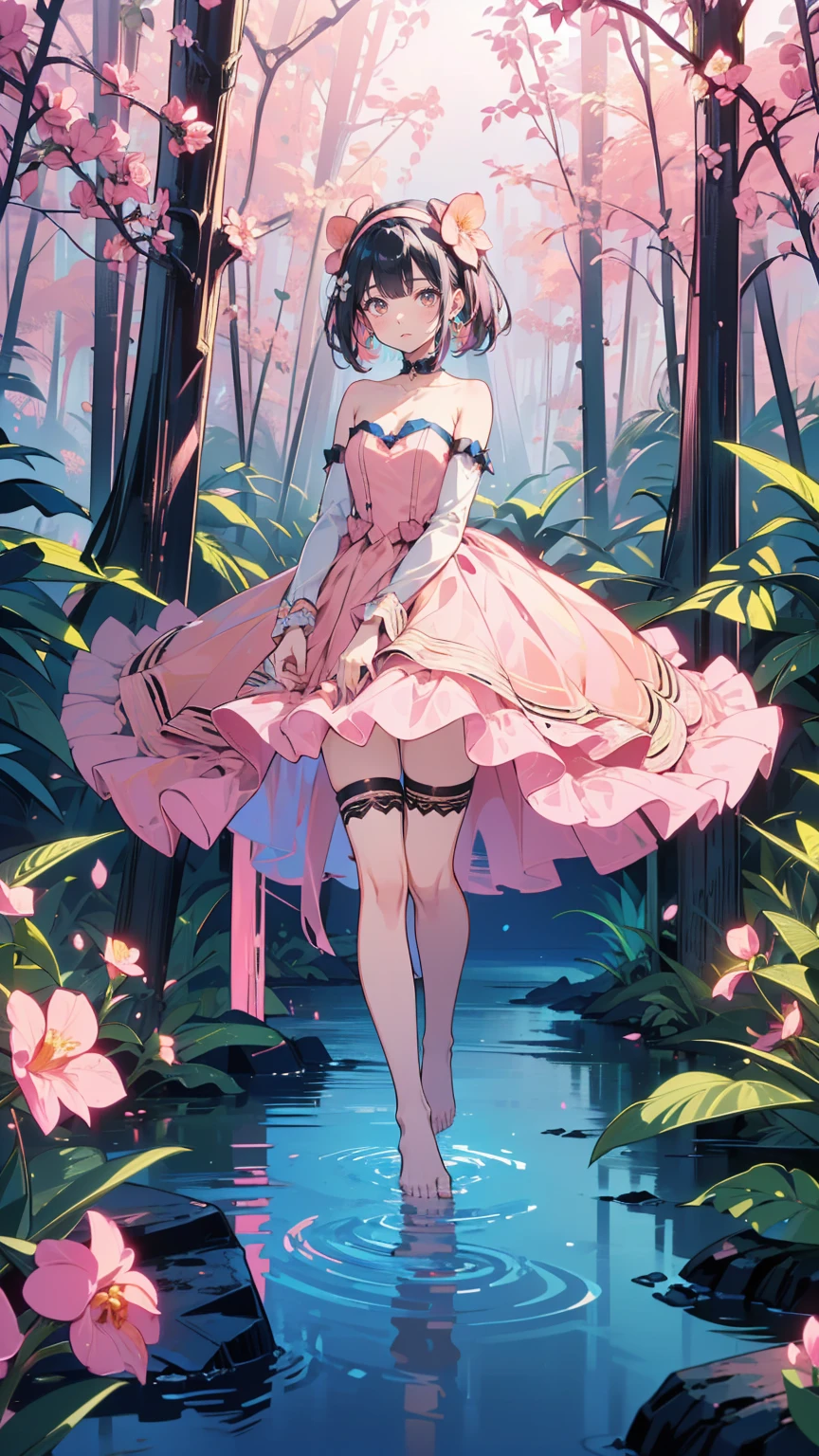 (pink strapless dress :1.5), 銀色の長いhair, black _ Hairbands, X-Shape _ eyebrow, Hairbands, poe _ hair, 前hair, bare shoulders, Full Body Shot, black stockings, (Peach Blossom Forest:1.3)，Creek，barefoot，Soak your feet，