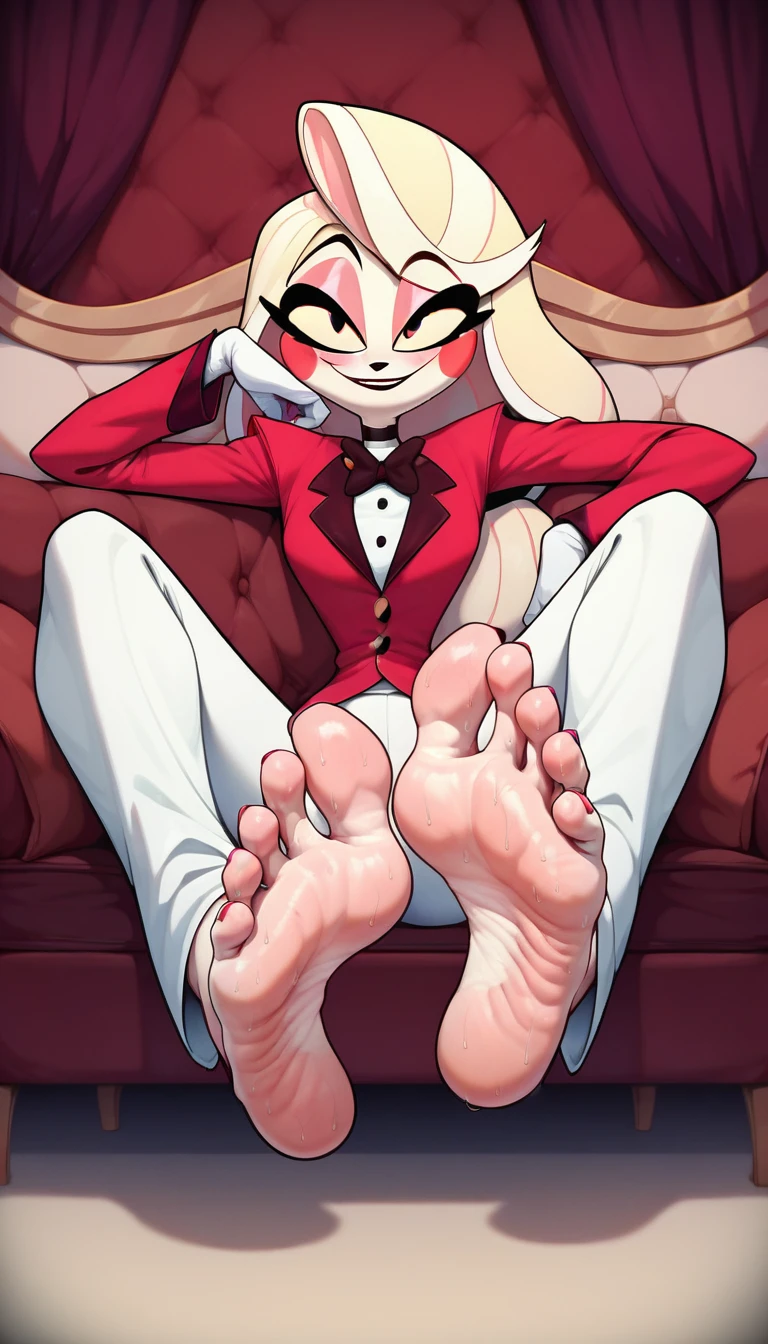 Charlie from Hazbin Hotel, detailed feet, foot fetish, soles, toes, red toesnail, beautiful face, wrinkled soles, stinky feet, stink steam, blond hairs, :D , beautiful red eyes, pussy out of pantie, massive . Masterpiece, 4k, ultra detailed soles, ultra detailed face, beautiful hair, two feet, fives toes. hotel background