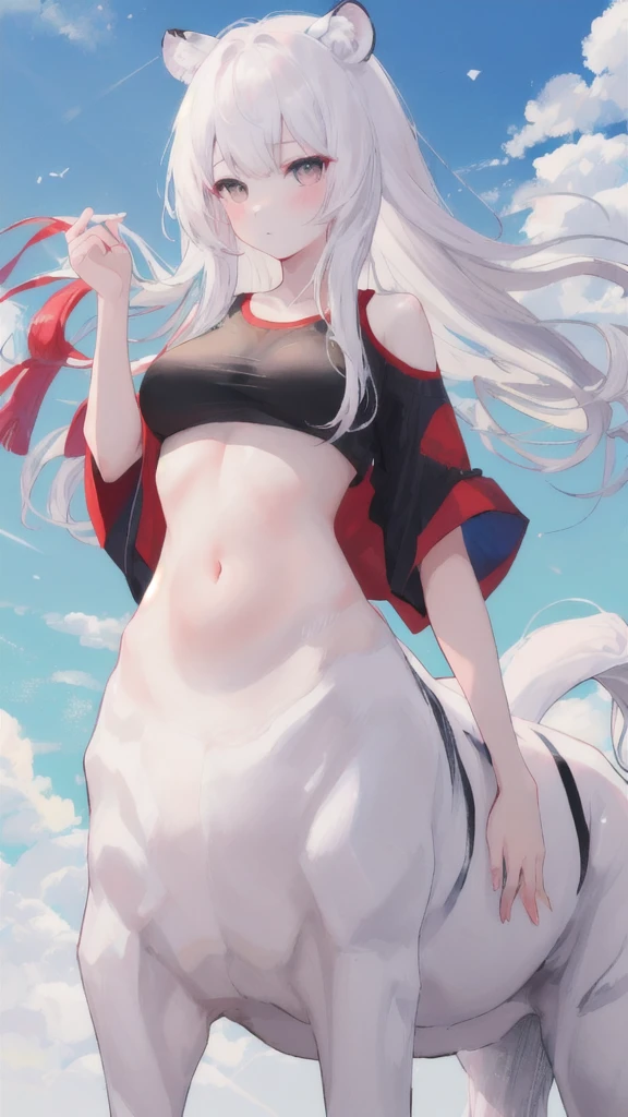 (best quality, masterpiece), 1 girl, centaur, It takes, White skin, Korean ,Smiling,exposing the abdomen,belly button t-shirt, 아름다운 소녀 perfect white tiger photo, perfect white tiger photo