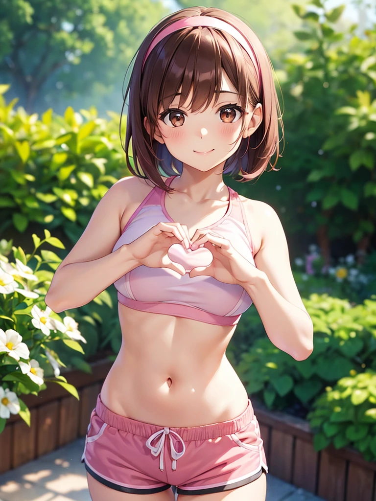 High resolution,cute,Brown eyes,Brown Hair,20-year-old woman,solo,Pink sports bra,Pink shorts,Pink Hairband,smile,B Cup,Short Hair,Looking at the camera,Blurred Background,garden,Do any pose you like,Heart sign with both hands,