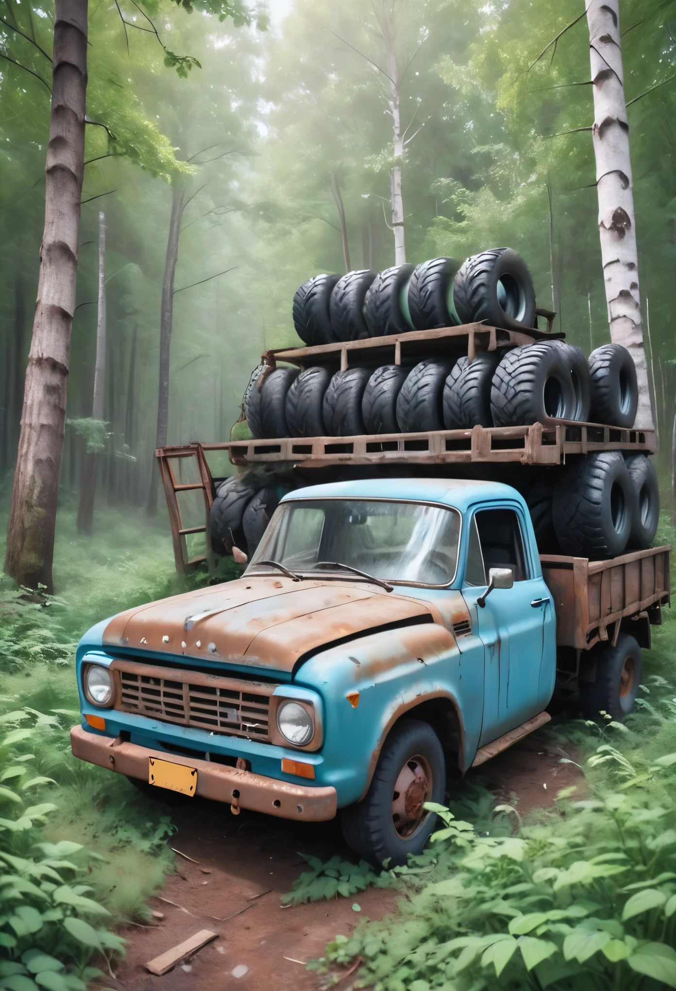   in the forest，Picture of a rusty old truck with tires  ,  Lost in the Forest ,  Forgotten .  Surrealism, 靈感來自 Forgotten , Alexey Yegorov, Abandoned vehicles, philip hodas art style,  with tires 、 Vadim Kassin , Busier Rutkoski Andreas Rocha,  Highly detailed digital painting 