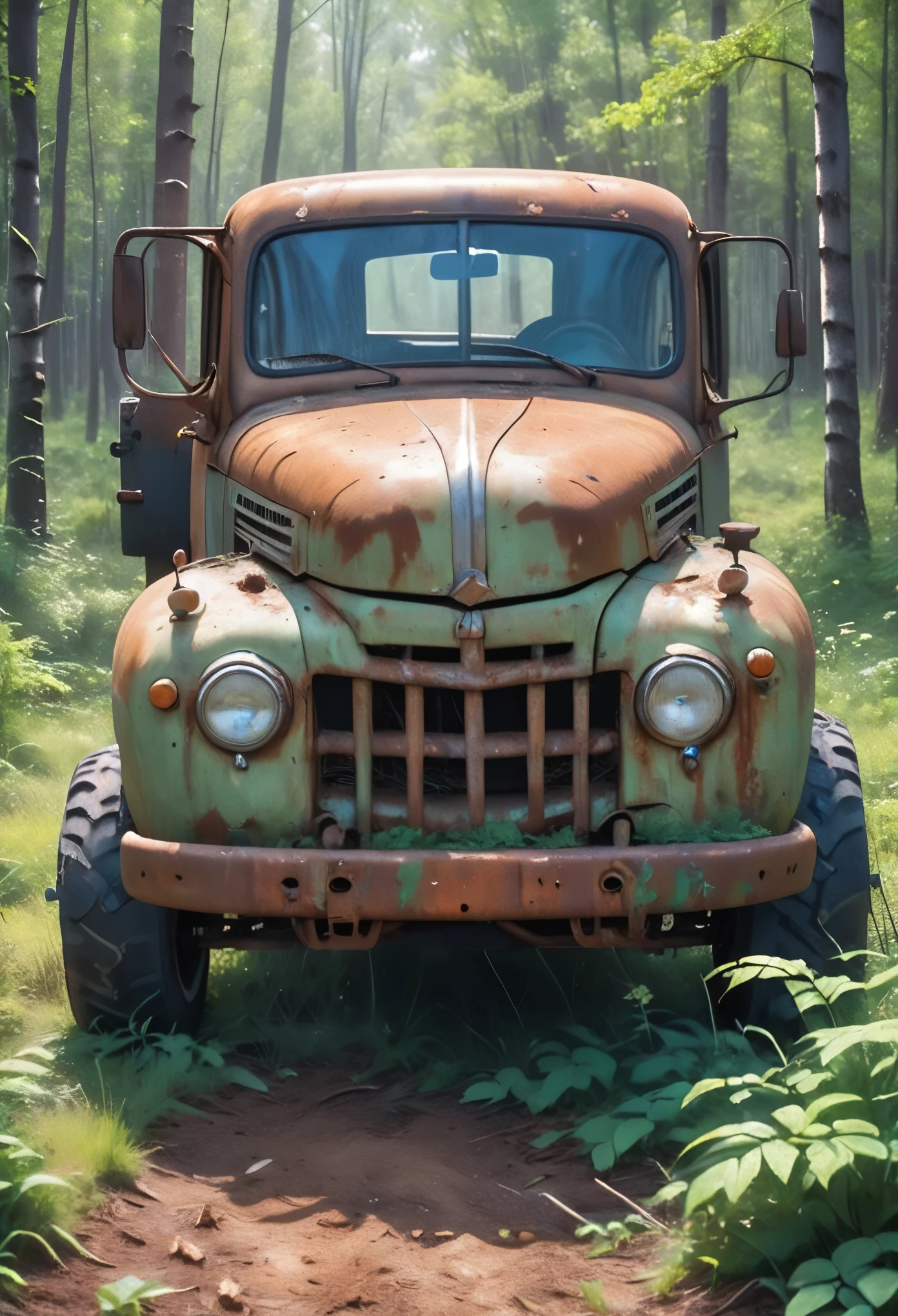 in the forest,Picture of a rusty old truck with tires , Lost in the Forest , Forgotten . Surrealism, 靈感來自 Forgotten , Alexey Yegorov, Abandoned vehicles, philip hodas art style, with tires 、 Vadim Kassin , Busier Rutkoski Andreas Rocha, Highly detailed digital painting
