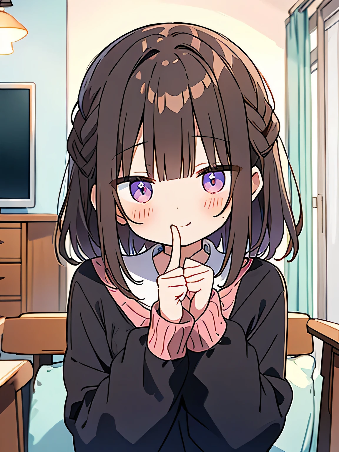 woman、Brown Hair、Medium Hair、smile、Cute Knitting、Hands in plait、Index finger around the mouth