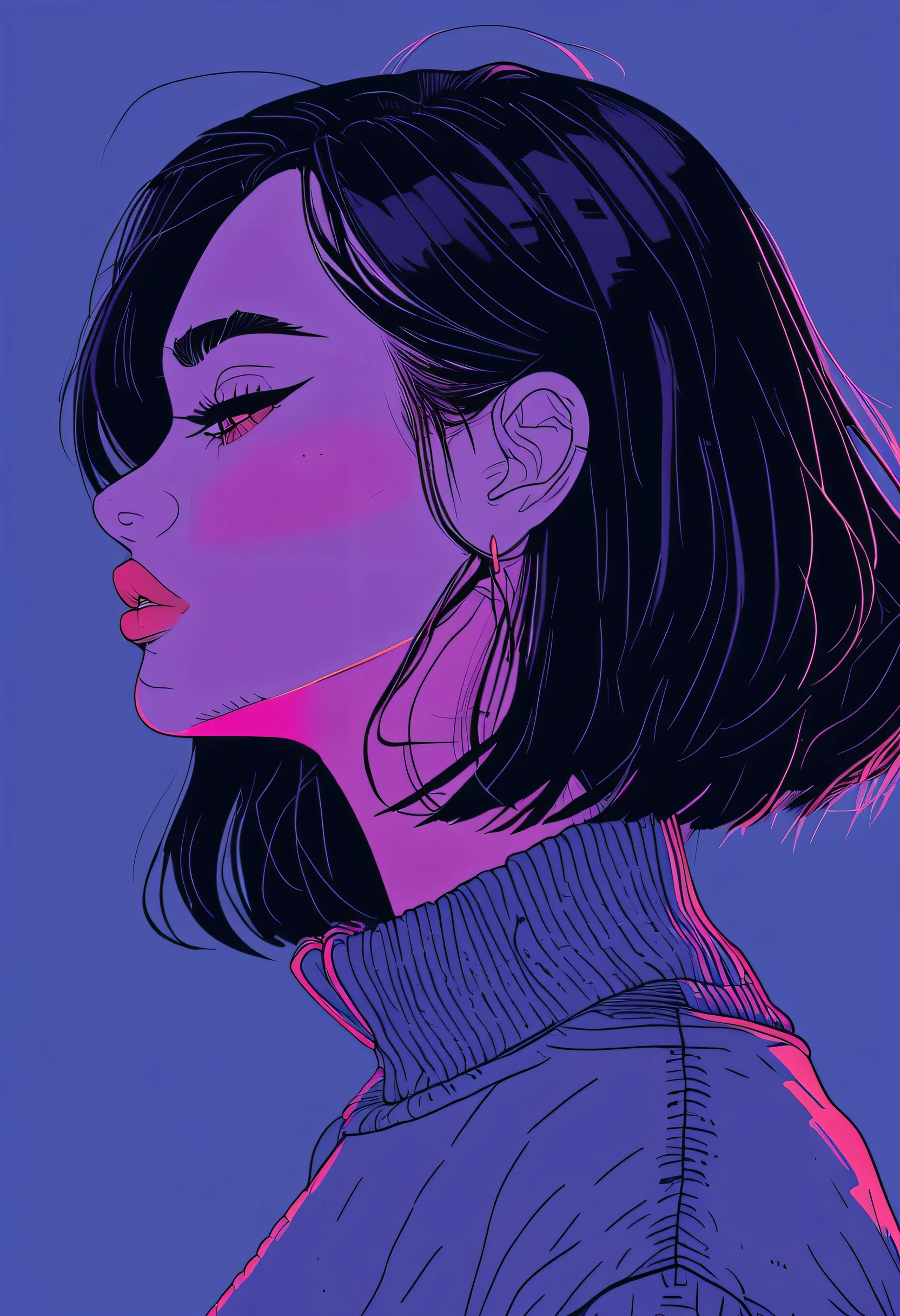 masterpiece,High resolution,Retro_neon, One Girl、High neck sweater、Alone, Portrait, Thick lips,Thick eyebrows、beautiful girl、Looking down