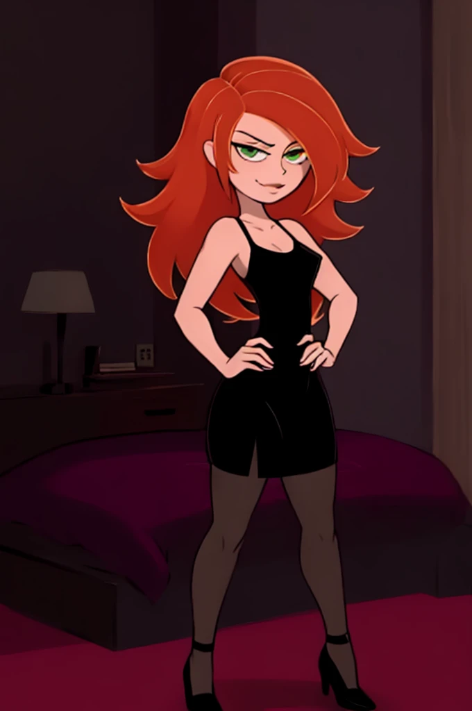 Solo girl, green eyes, very long orange hair, pink bow on her head, evil smug grin, lovesick, super lovesick, cleavage, (100% lovesick), 
Blushing, naked, small breasts, thick body, full body, wet pussy, lot of pussy juice, Standing,  in the living room, (100% satisfying), Masterpiece, High Quality 
