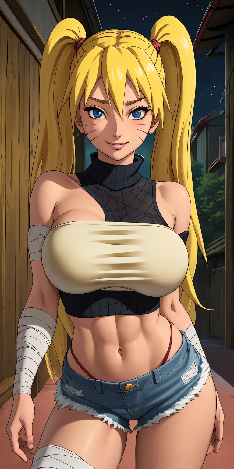 masterpiece, best quality, extremely detail 8k cg, high resolution, 1girl, mature female, Turtleneck_SexyJusuNaruto_Naruko_ownwaifu, 1girl, blonde hair, naruko \(naruto\), twintails, long hair, facial mark, whiskers, whisker markings, blue eyes, large breasts, hair between eyes, bangs, midriff, bandages, denim shorts, fishnets, bare shoulders, collarbone, titsonastick, beautiful face, smirk, night time, konohavillage, outdoors