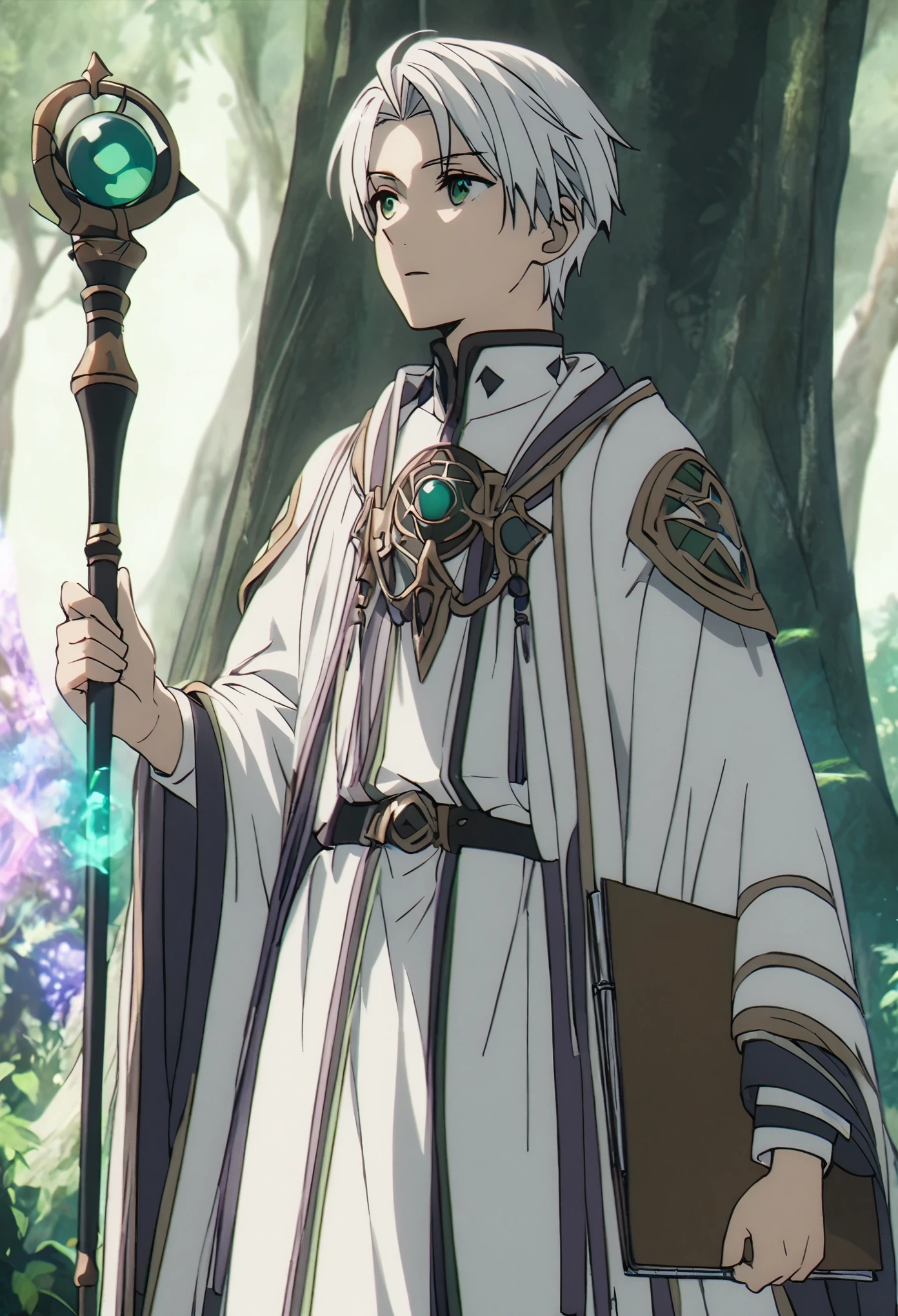 young man with white hair, 1man, solo, black and white executive suit mixed with magi robes, looking forward, short hair, sweet look, green eyes, holding a wizards staff, standing in the fantasy forest, holding a document binder