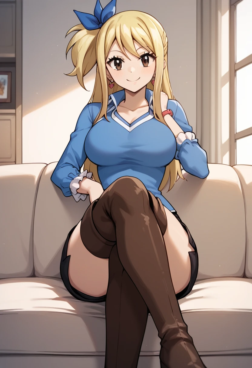 score_9, score_8_up, score_7_up, score_6_up, score_5_up, score_4_up, source_anime, 1girl, lucy heartfilia, smile, blonde hair, long hair, side ponytail, blue ribbon, brown eyes, middle breasts, earrings, thigh high boots, brown boots, blue shirt, black shorts, crossed legs, sit, sofa, room, best quality, best res, 4K UHD,
 