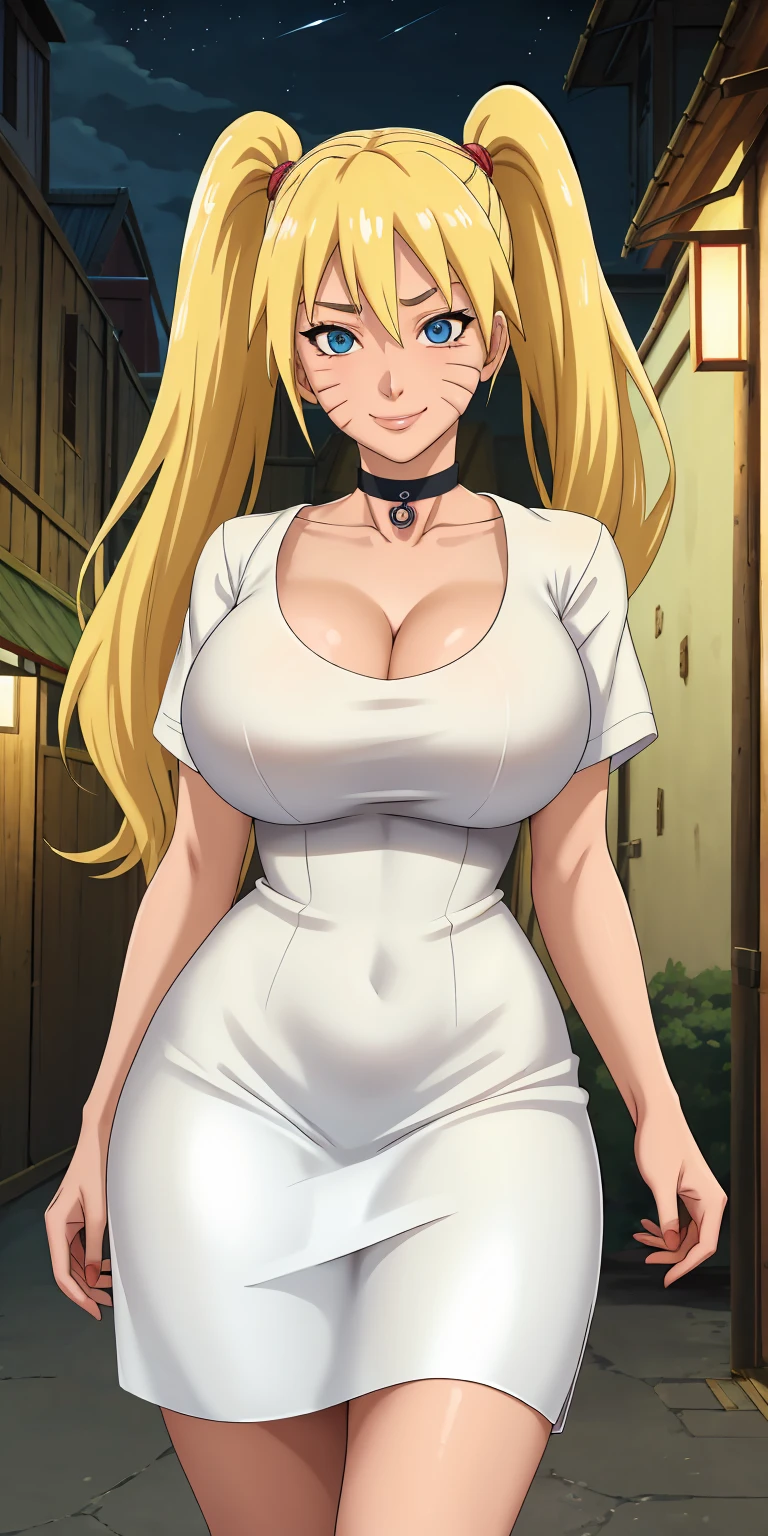 masterpiece, best quality, extremely detail 8k cg, high resolution, 1girl, solo, mature female, WhiteShirt_SexyJusuNaruto_Naruko_ownwaifu, 1girl, blonde hair, naruko \(naruto\), twintails, long hair, facial mark, whiskers, whisker markings, blue eyes, large breasts, hair between eyes, bangs, white dress, shirt, cleavage, choker, collarbone, titsonastick, night time, outdoors, konohavillage, beautiful face, seductive expression, smirk, medium full shot 