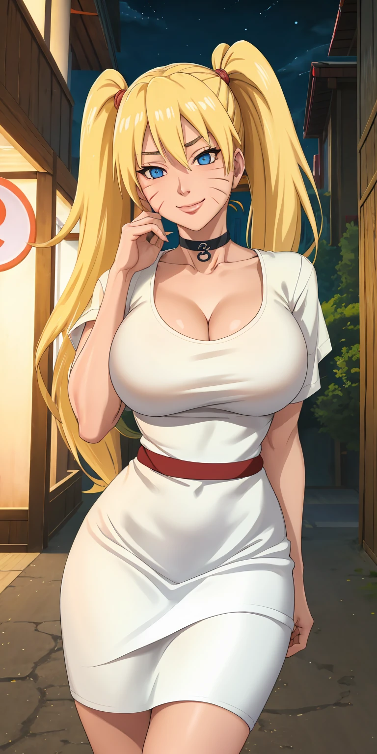 masterpiece, best quality, extremely detail 8k cg, high resolution, 1girl, solo, mature female, WhiteShirt_SexyJusuNaruto_Naruko_ownwaifu, 1girl, blonde hair, naruko \(naruto\), twintails, long hair, facial mark, whiskers, whisker markings, blue eyes, large breasts, hair between eyes, bangs, white dress, shirt, cleavage, choker, collarbone, titsonastick, night time, outdoors, konohavillage, beautiful face, seductive expression, smirk, medium full shot 