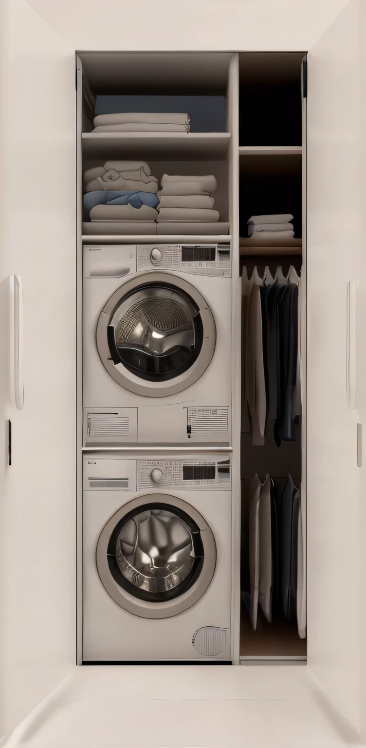   close-up of a washing machine and dryer in a small room,  Clean and organized , clean and tidy,  brilliant detail , cabinets, profile photo, clean and tidy, profile photo,  Elegant futuristic wardrobe ,  “hyperrealistic , washing machine,  8k high detail and complexity , &quot;hyperrealistic&quot;, hyperrealistic&quot;, profile picture,  white broom cabinet  , Bosch , 3D product