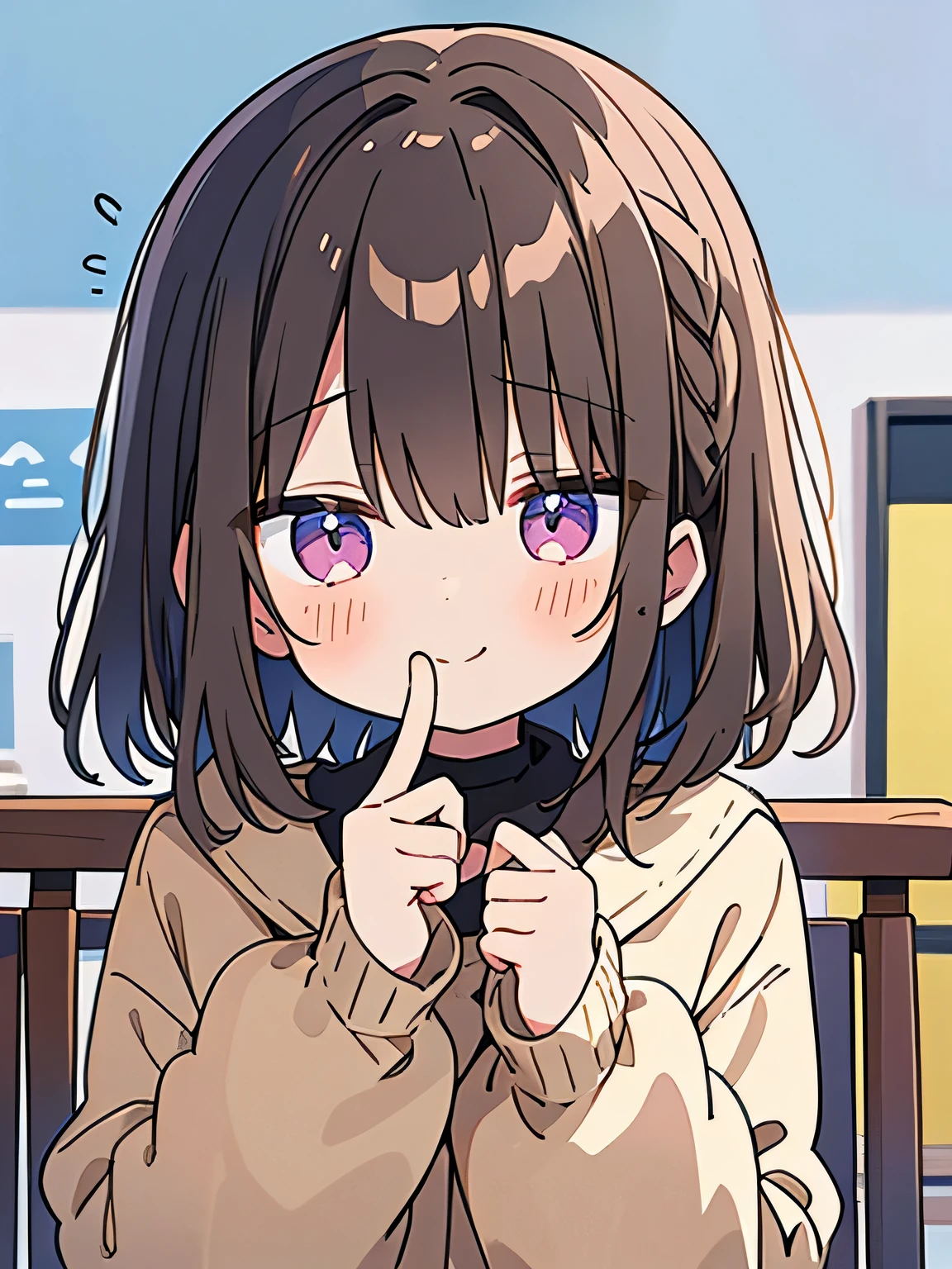 woman、Brown Hair、Medium Hair、smile、Cute Knitting、Hands in plait、Index finger around the mouth