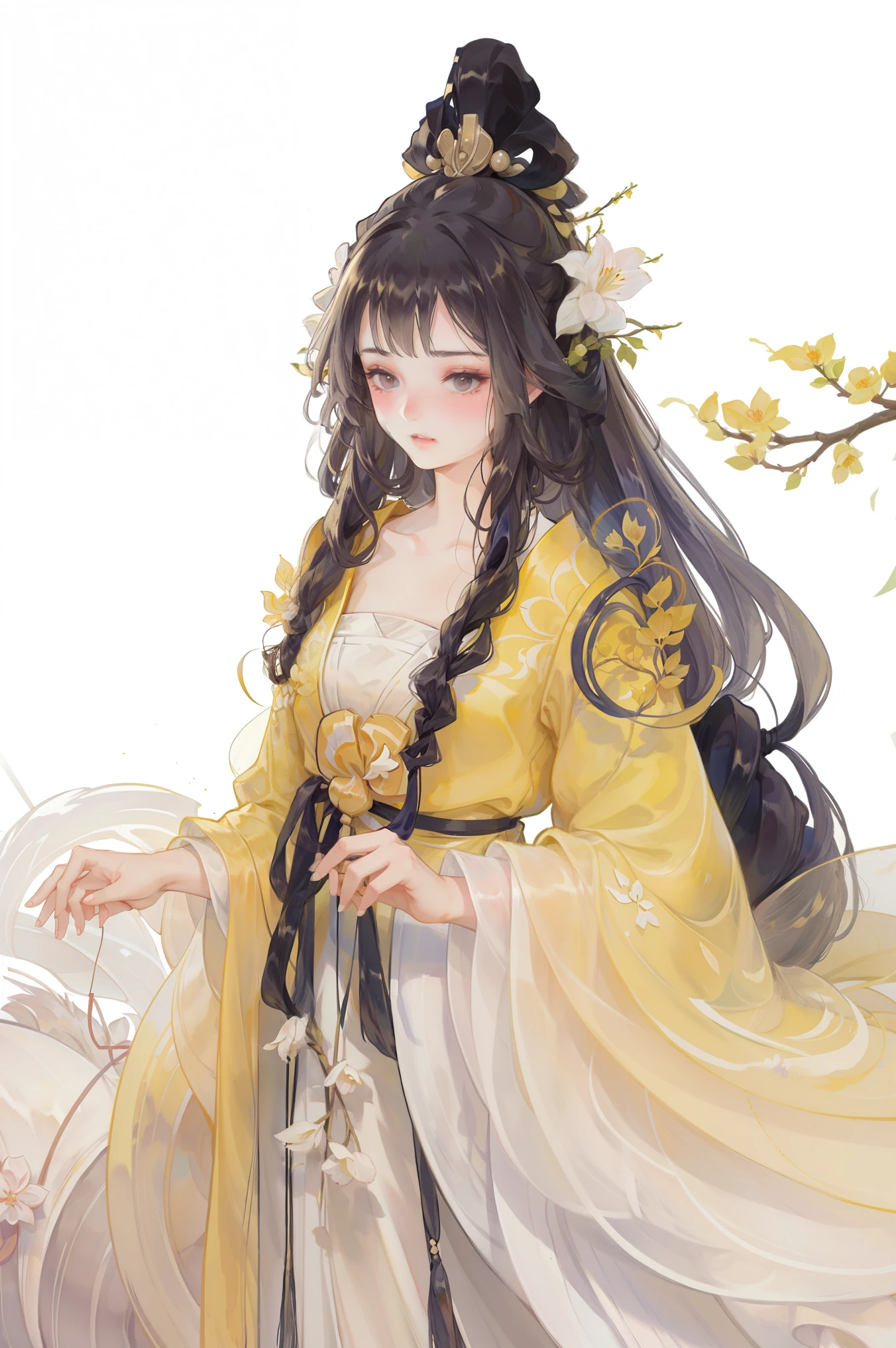 1 Girl,Holding a bouquet,Straight hair with two willow braids,With bangs,Clean background,Osmanthus personification,Little Flower Fairy