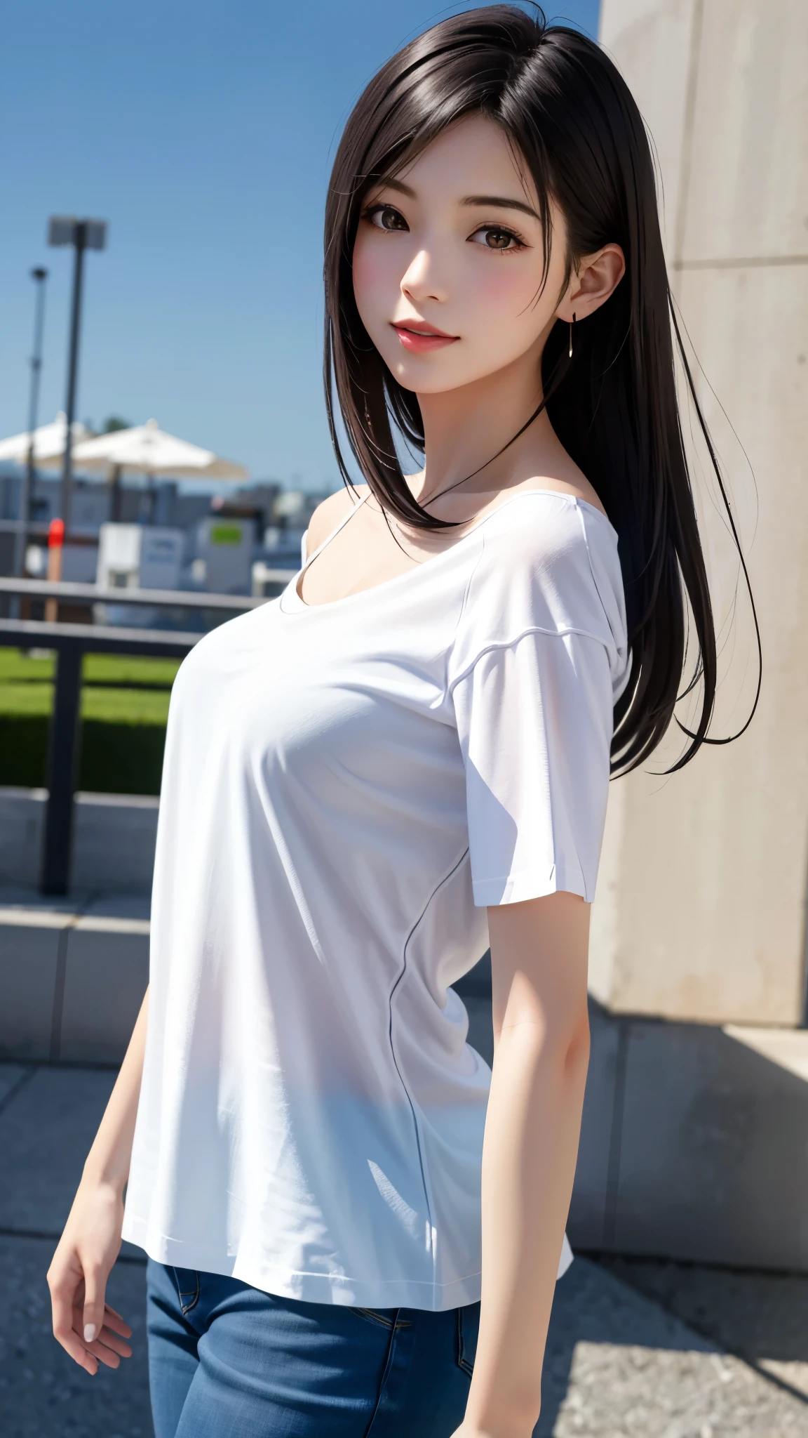 ((masterpiece, best quality)),((high resolution:1.3)), 1 Girl, solo, Cowboy Shot, Blurred Background, (((Small breasts))), Thighs, (Stripe underwear), ((T-Shirts)), Off shoulder,