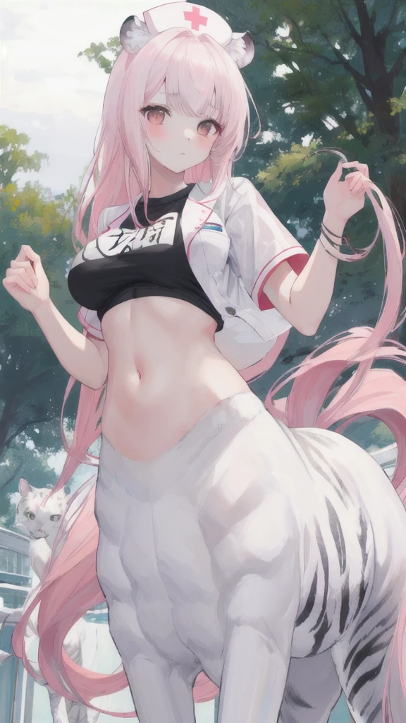 (best quality, masterpiece), 1 girl, centaur, It takes, White skin, Korean ,daughter, black pink,Smiling, exposing the abdomen, belly button t-shirt , 아름다운 소녀 perfect white tiger photo, perfect white tiger photo