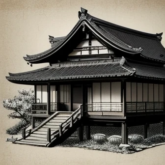 Monochrome、Japanese style house々Line art of、Draw on textures