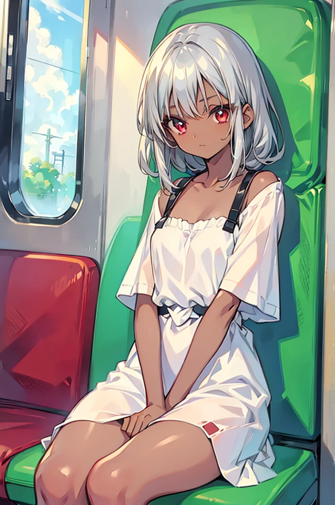 Boyish Woman　Silver Hair　Red eyes　Brown skin　Beauty　Anime Girl　White dress　Sexy　28 years old,Tanned brown skin,Dark Skin Tone,Sitting on a train