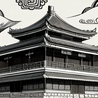 Monochrome、Draw on a Chinese style house 々Line art of、Draw on textures