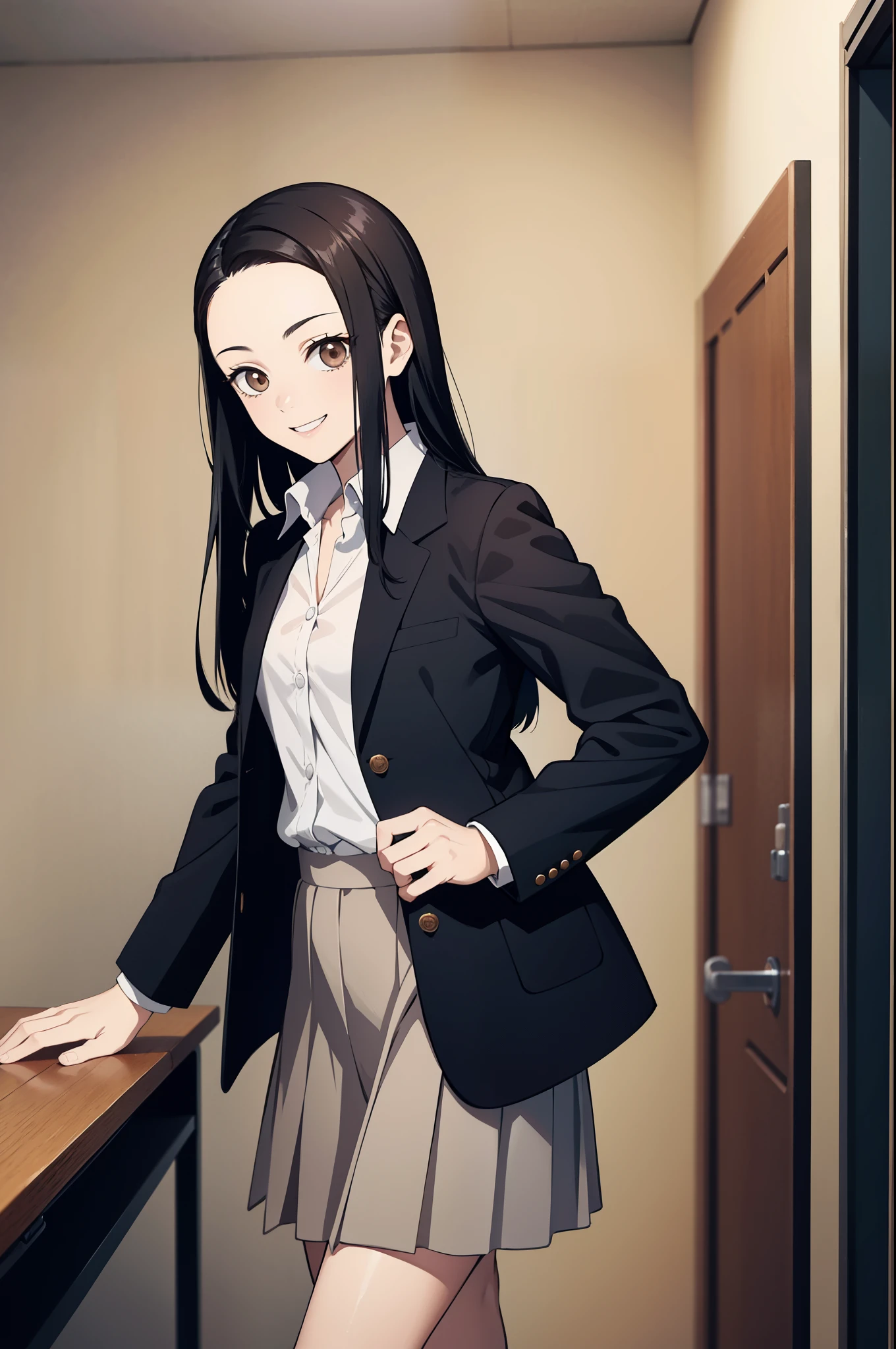 (masterpiece, best quality:1.2), kimetsu no yaiba style, kiyomi, (1girl, solo), (black long hair, straight hair, forehead), brown eyes, (smile:1.1), (white shirt, ladies suit wear, gray jacket, gray skirt), (standing in the school class room)