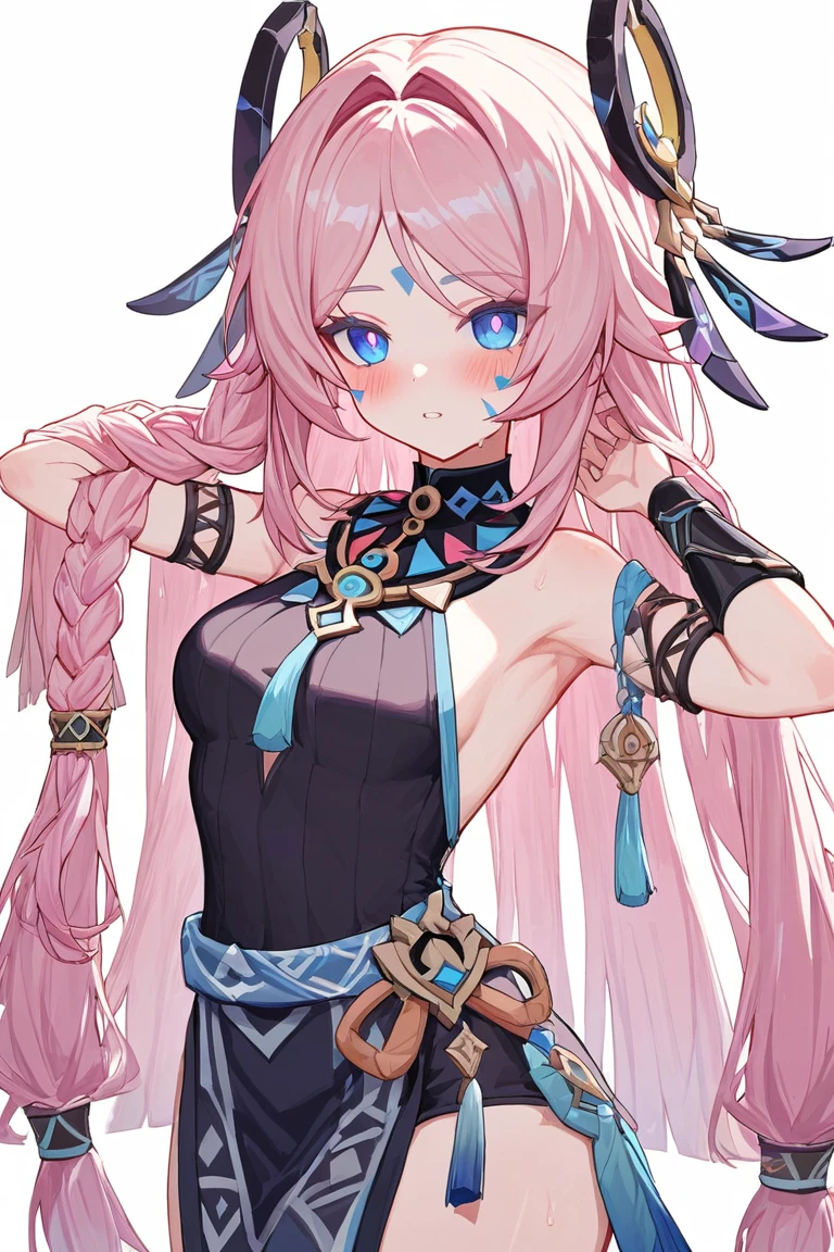 citlali ,シトラリ(genshin impact), 1girl,cowboy shot,pink hair, parted bangs, very long hair, hair down, braids, hair ornament, facial Mark, blue eyes, pink pupils, tribal clothes,Genshin Impact Style, AddXL, touches hair, glowing eyes, blush, beautiful detailed, hyper detail, masterpiece, best quality, bright, hair ornament, facial Mark, citlali,white background