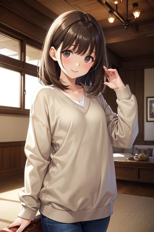 Teenage Asian girl with short light brown hair. Wears light brown casual outfit. Shy smile. Streamer.