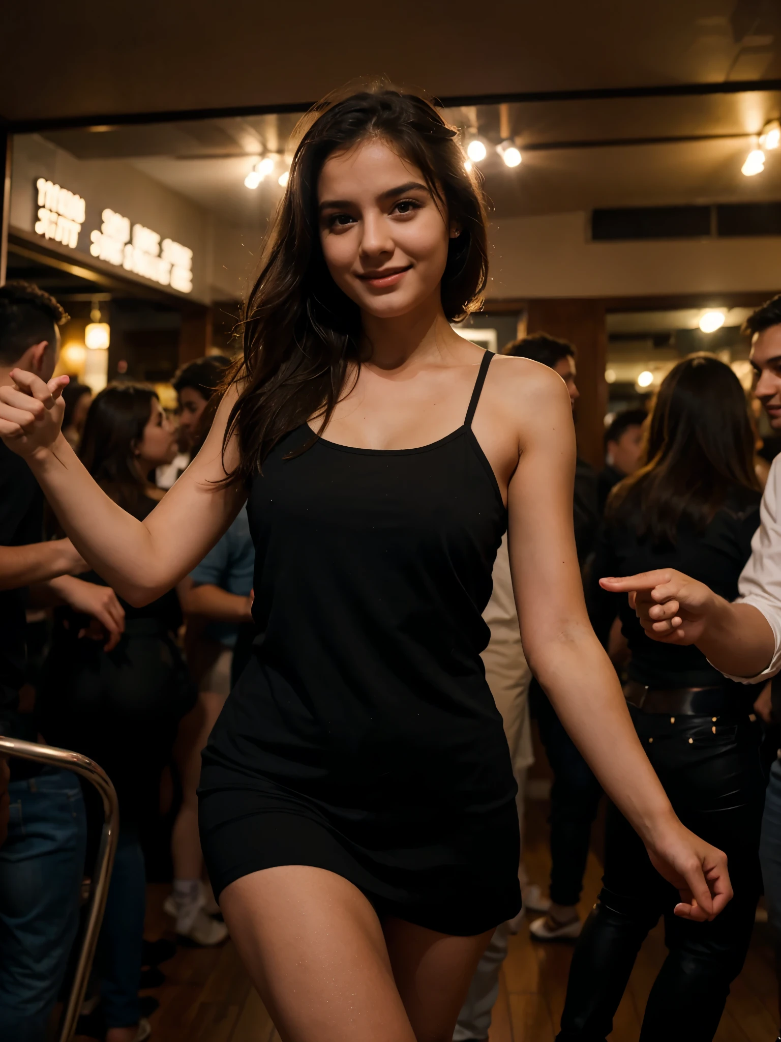 Modelo brasileira, friendly about 20 years ago, sorrir, academia, Posar no Instagram, noite, lotado, Bebidas, alcohol, boate, music, dancing, spontaneous, nightclub, crowded, lots of people close, she wears a black dress