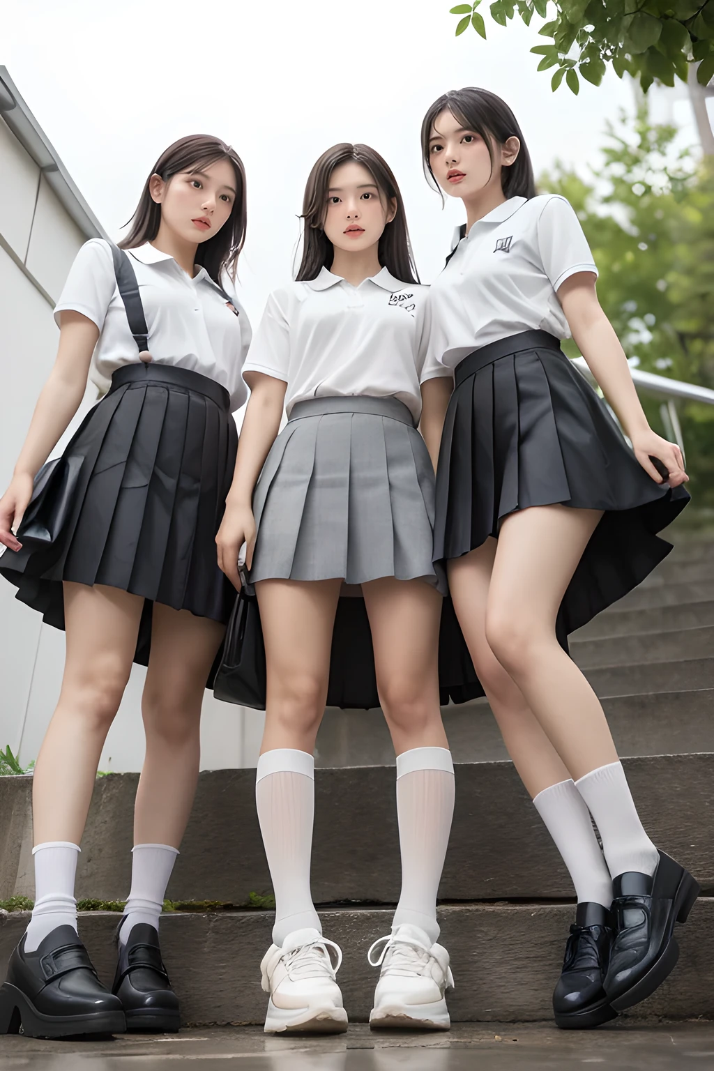 heavy rain, soaked, long hair, looking at viewer, smile, bangs, (Three girls in:1.2), skirt, brown hair, shirt, black hair, short sleeves, brown eyes,  long hair, Ride on Bicycle, white polo shirt, pleated skirt, open clothes, shoes, socks, striped, collared shirt, hand up, bag, kneehighs, brown footwear, loafers, school bag, Wet, (From below:1.2)