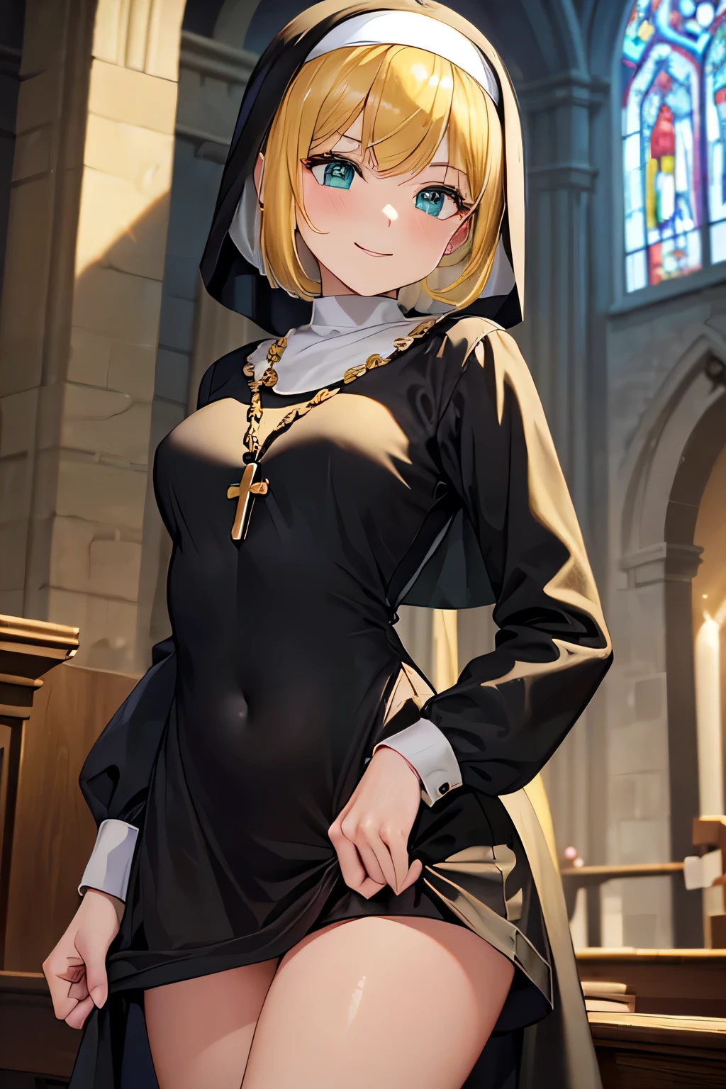 (​masterpiece、top-quality:1.2), cowboy  shot, 独奏, 1girll, clementine\(overload\), evil smile, Look at viewers, Hands together, Nun Hood, Nun costume, Cross Necklace, Light Shines on the Dark Church,Sit on the floor