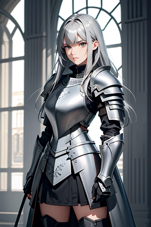 knee shot,female, gray hair, gray eyes, medium-length hair, pull plate armor, knight, 170 cm, bangs, arms crossed, Expressionless, Chic, tough,  standing position, frontal, Stately , Looking down