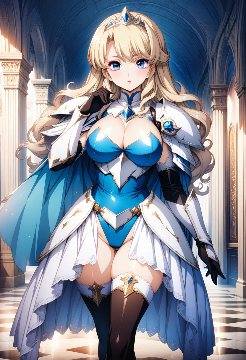 ((highest quality)), ((masterpiece)), ((anime colored)), (game cg), beautiful face, 1girl, ((voluptuous)), (Alluring), (perfect face), ((makeup)), has a spear, ((princess dress: 1.3)), ((white paladin shoulder armor:1.4)), ((metallic blue leotard)), ((long gauntlet gloves)), ((Thigh-high socks:1.3)), blonde hair wavy hair, ((leather knee high boots: 1.2)), (armored elbow gloves), (large breasts breastplate), blue beautiful eyes, perfect hands, perfect fingers,(cameltoe:0.8), hair ribon, stylish pose, walking, palace corridors,