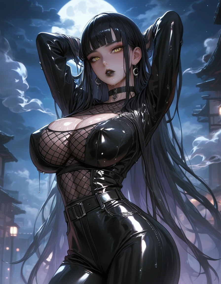 score_9, score_8_up, score_7_up, score_6_up, source_anime, sweat, dripping, wet, oiled skin, wet skin, shiny skin, 1girl, breasts, solo, long hair, black hair, moon, black lips, yellow eyes, huge breasts, full moon, looking at viewer, night, choker, arms behind head, belt, pants, arms up, bodysuit, black choker, black pants, cleavage, black bodysuit, very long hair, makeup, fishnets, smoke, night sky, outdoors, sky, blunt bangs, fishnet top, standing, parted lips, goth fashion, covered nipples,
