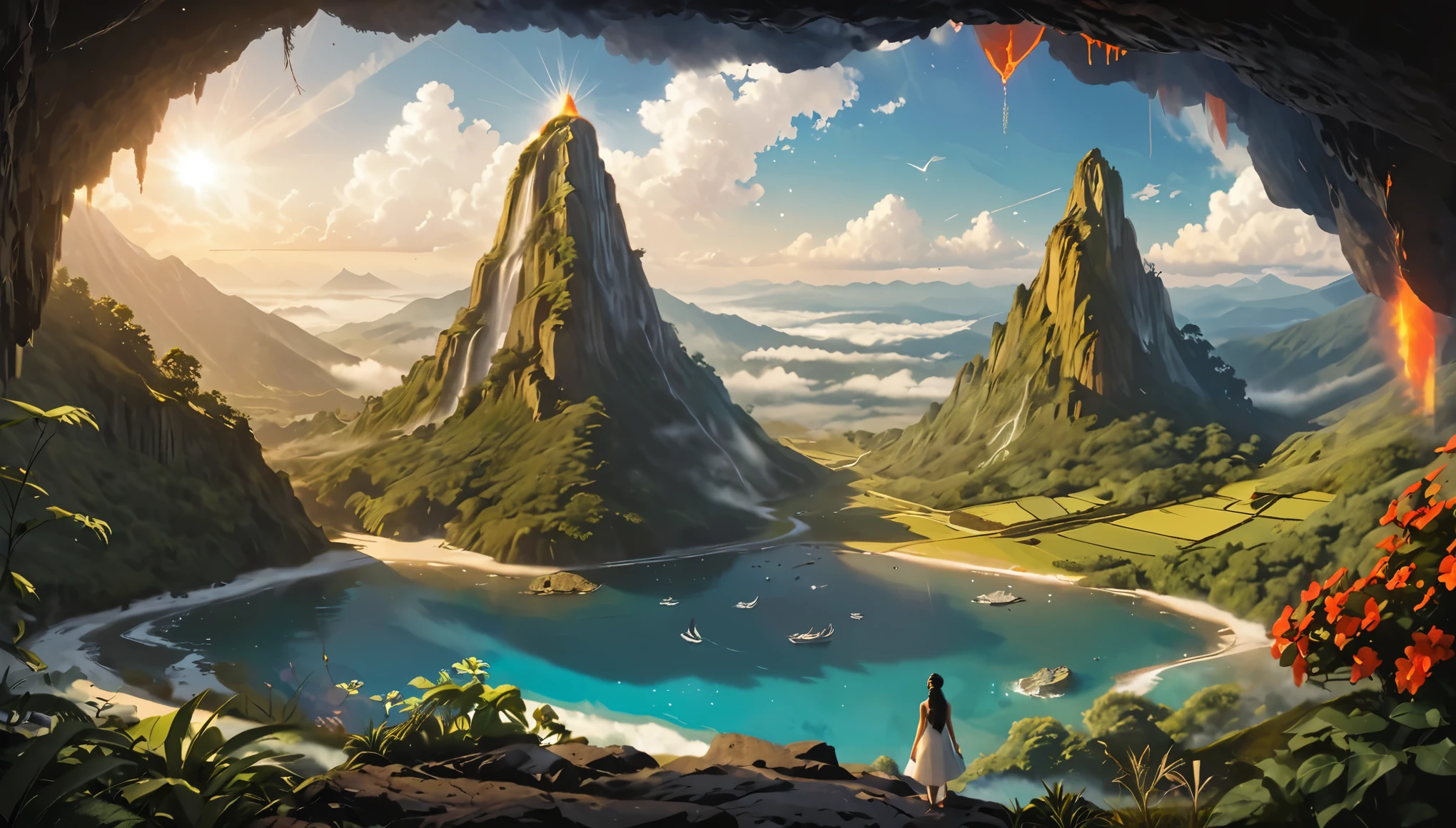 Namaste. person meditating. loose clothes. Beautiful landscape of an enchanted valley, with a volcano. Mystical and dreamlike world. Symbols of nature. Sense of Vastness. intricate details. Cinematic lighting