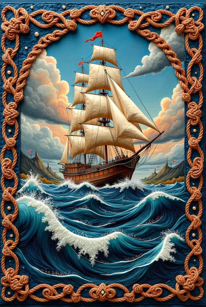 Imagine a tapestry that embodies the spirit of the sea, where every stitch holds the memory of salt-laden air and the whisper of distant horizons. Crafted from silks as blue as the deepest ocean and as white as the crest of breaking waves, this masterpiece tells stories of seafaring adventures. From the center unfurls a large schooner, its sails filled with a perpetual wind, outlined in threads of stormy greys and sunset reds. Surrounding this vessel are swirling waves, their frothy tips captured in intricate embroidery, each thread chosen to mimic the dance of water in motion. Embellished with pearls and iridescent beads that catch the light like sun on the water, the tapestry is rimmed with elaborate, knotted borders reminiscent of sailor’s knots, each knot bearing the name of a forgotten mariner. This artwork is not just seen but felt, as its tactile textures and dynamic visuals transport you straight to the heart of the ocean’s embrace. Bring this marine marvel to life with detailed artistry and a sense of the boundless sea.