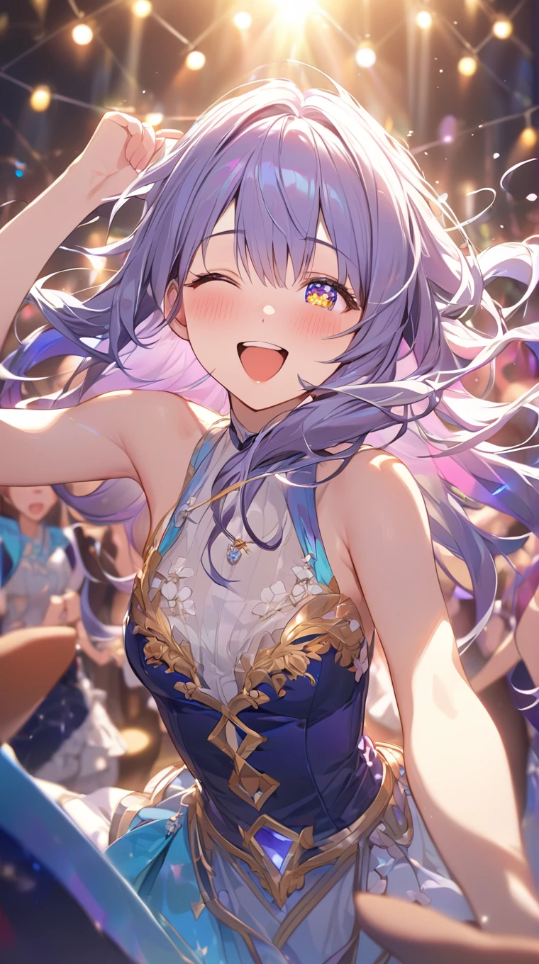 A group of women in idol costumes are striking a pose while happily singing and dancing together, sweating and having fun, They're all smiling and having fun, enjoying the moment. The girls are surrounded by cute and colorful decorations, and they're comfortable and relaxed. They're all good friends, and they're happy to be spending time together, {{{{arena}}}}, idol stage, {{{spot lighting}}}, {{{light from above}}}, {{{{confetti:1.3, motion blur}}}}, {{{dutch angle shot}}},