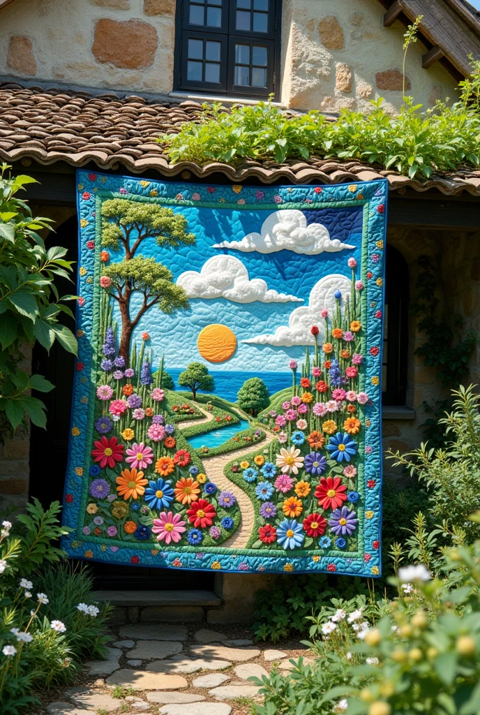 Imagine a vibrant quilt hanging against the backdrop of an old stone cottage, nestled amidst a garden in full bloom. This quilt is no ordinary textile; it is a kaleidoscope of artistry, where each patch tells a unique story. As the sun's rays filter through the garden's canopy, they illuminate the intricate designs stitched with love and care. Patches of azure blue echo the clear skies, while vibrant greens speak of the lush vegetation that surrounds this enchanted place. Delicate floral patterns sway softly, seemingly keeping time with the gentle rustle of the leaves. Each stitch, precise yet fluid, intertwines with textures of velvet, cotton, and lace, forming a tender cacophony of textures. The edges are trimmed with a border resembling a cobblestone path, leading one's imagination deeper into this cozy, nostalgic haven. Can you feel the warmth woven into each piece, as though the quilt itself embraces you in a gentle hug on a breezy summer afternoon? This handcrafted masterpiece captures not just the essence of the garden, but also the heart and soul of its creator.