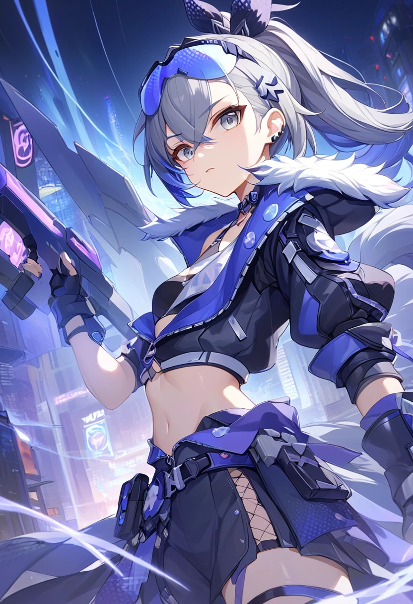 (masterpiece, best quality:1.2),1girl, SilverWolf, Honkai Star Rail, silver hair, ponytail, gray eyes, goggle, high quality, detailed shiny skin, detailed beautiful hair, detailed beautiful eyes, detailed clothes, (high resolusion:1.2), 4K, official art, high quality, small breasts, perspective, fighting,battle,light_trail,dynamic angle,fisheye lens,night,cyberpunk,city,city_lights,scenery