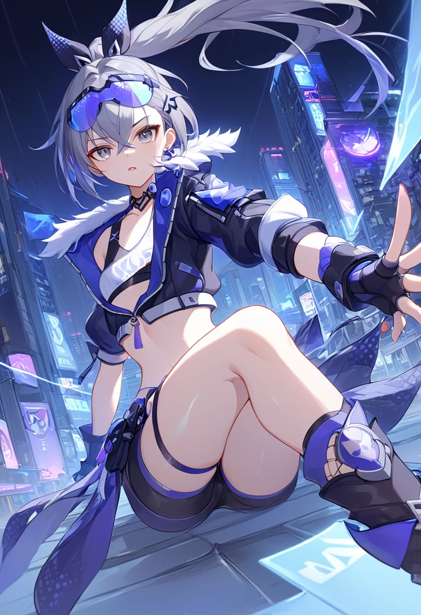 (masterpiece, best quality:1.2),1girl, SilverWolf, Honkai Star Rail, silver hair, ponytail, gray eyes, goggle, high quality, detailed shiny skin, detailed beautiful hair, detailed beautiful eyes, detailed clothes, (high resolusion:1.2), 4K, official art, high quality, small breasts, perspective, fighting,battle,light_trail,dynamic angle,fisheye lens,night,cyberpunk,city,city_lights,scenery