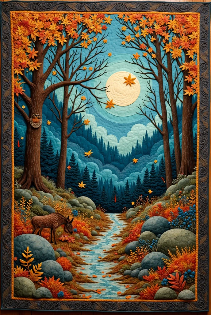 In the heart of a whispering forest, where sunlight dances through a tapestry of leaves, lies a patchwork blanket that sings the harmony of the woods. This creation draws from the palettes of autumn, with burnt umber, rich mahogany, and soft gold interlacing to create a symphony of warmth. Each square of the quilt is a vignette; one holds the memory of a frolicking deer, captured in mid-leap amidst a flurry of fallen leaves. Another patch showcases the delicate silhouette of an owl perched wisely on a branch against the backdrop of the twilight sky. Embroidered wisps of fog curl around moss-covered stones, inviting the observer to touch and believe they might feel the forest’s cool breath. The handcrafted edges ripple like the delicate edges of a fallen leaf, invoking images of long walks through a timberland path crunchy underfoot. As night falls, the quilt tells its tale, thread by thread, a lullaby to the weary traveler cradled within nature's embrace.